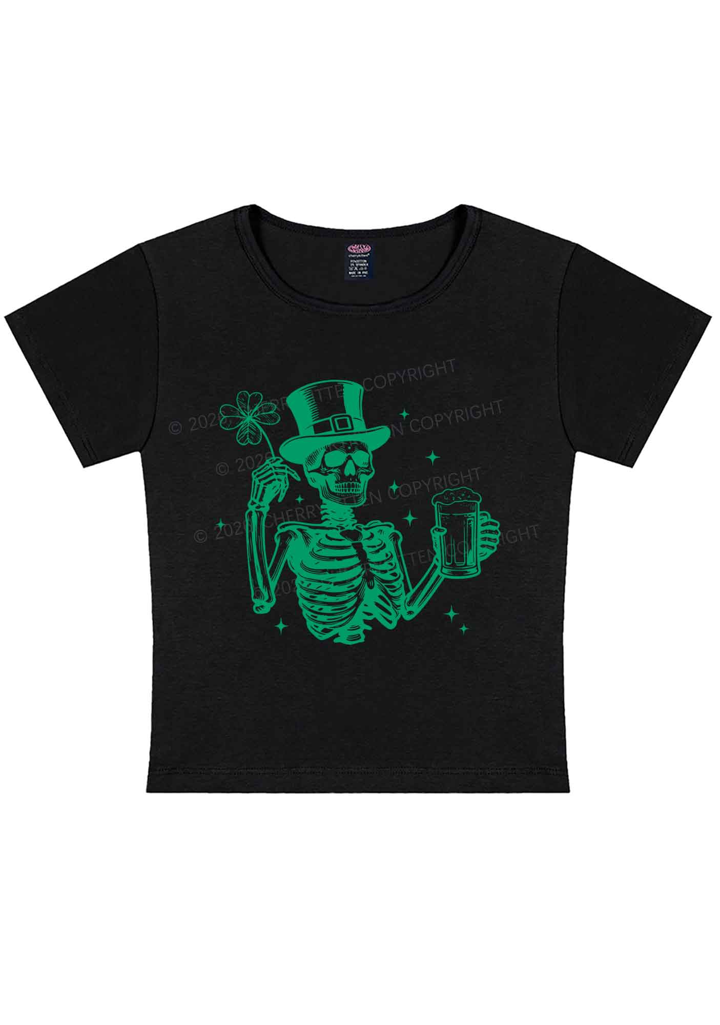 Green Skeleton St Patricks Y2K Baby Tee Cherrykitten - Image 3