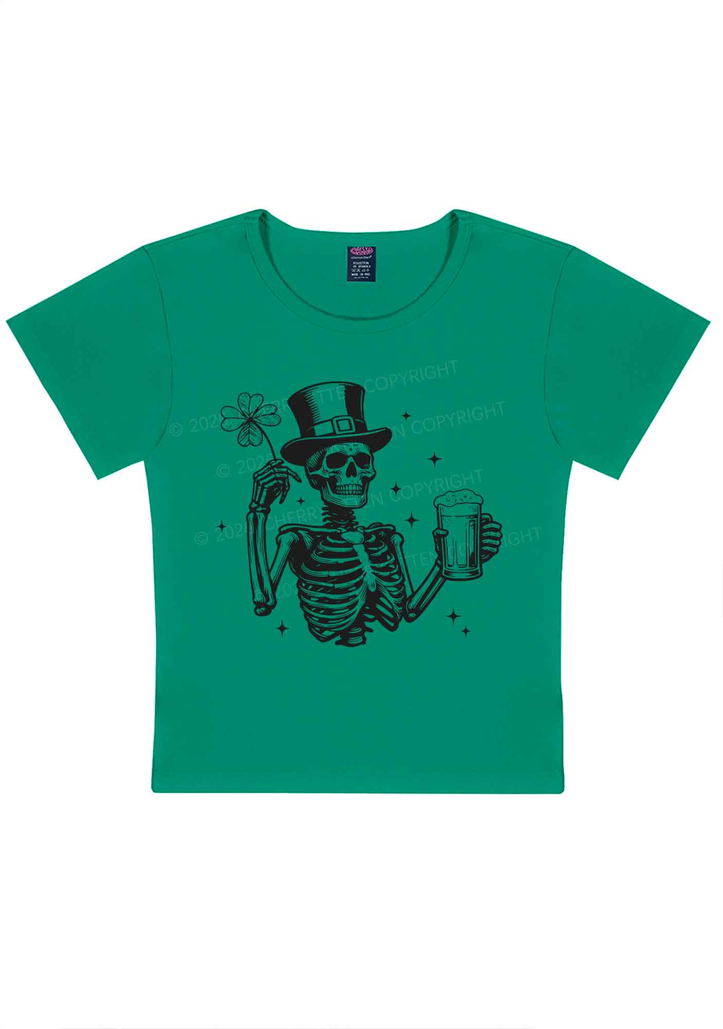 Green Skeleton St Patricks Y2K Baby Tee Cherrykitten - Image 4