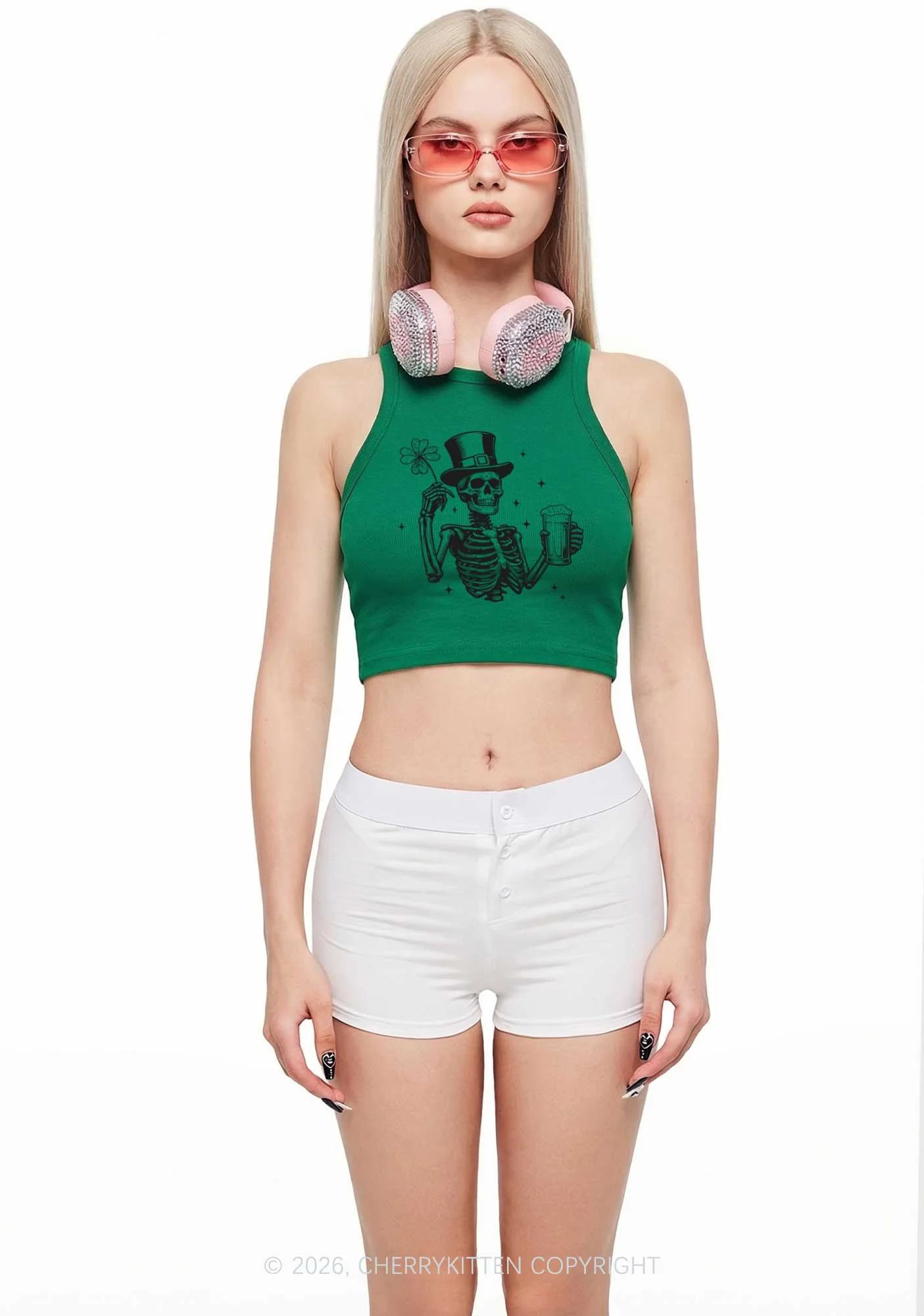 Green Skeleton St Patricks Y2K Crop Tank Top Cherrykitten - Image 2