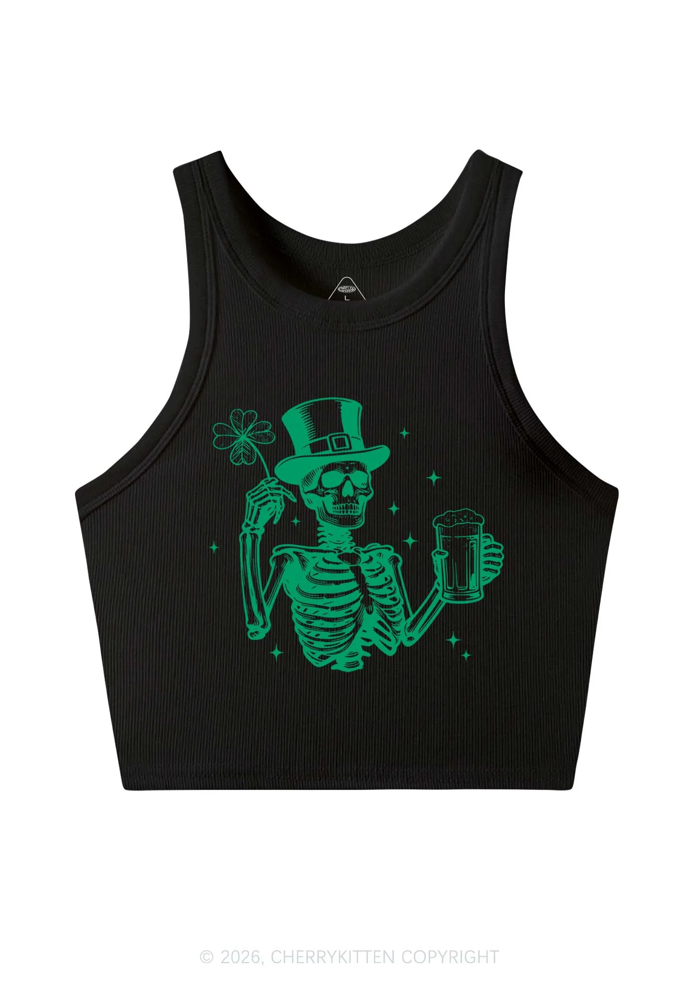 Green Skeleton St Patricks Y2K Crop Tank Top Cherrykitten - Image 3