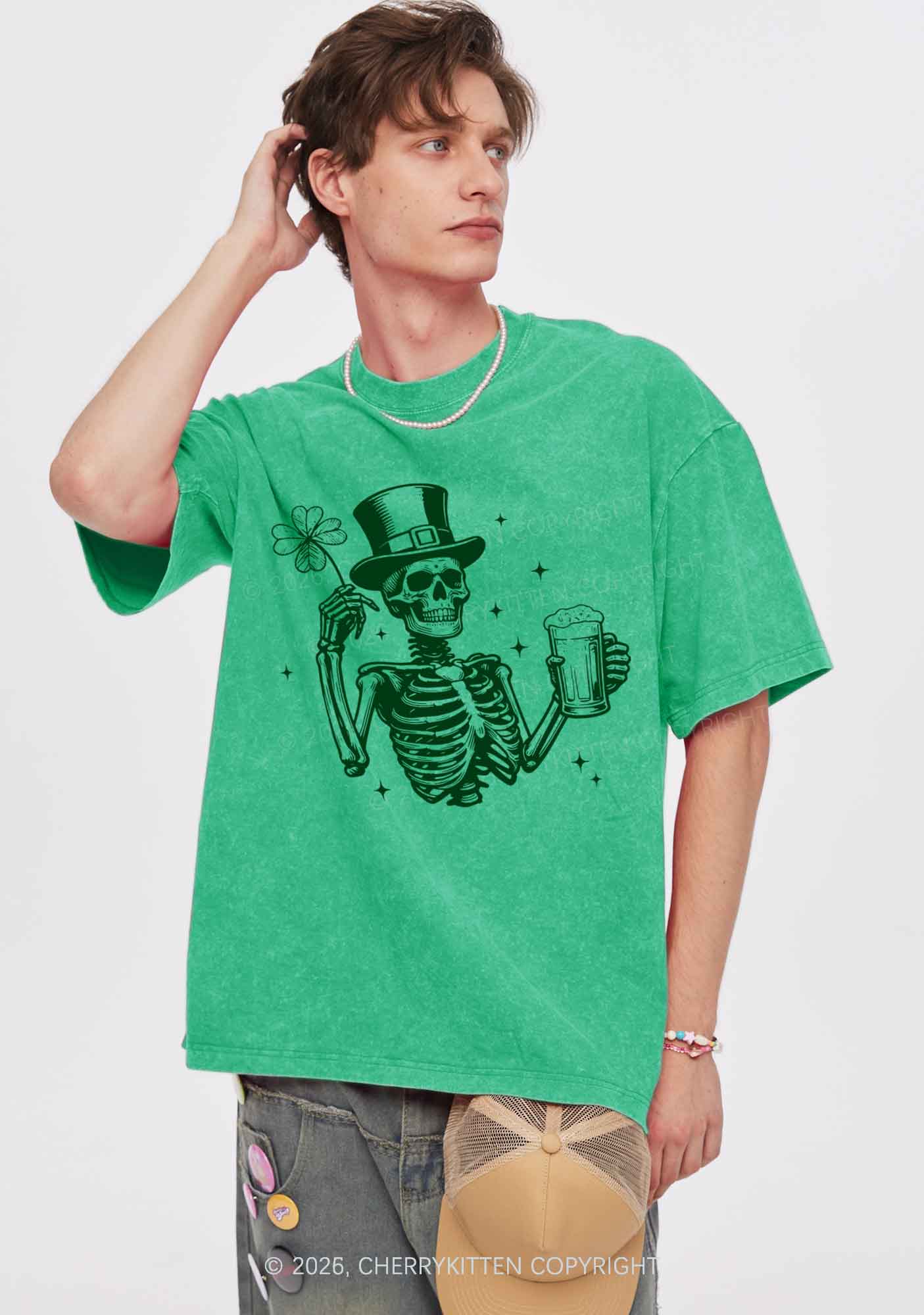 Green Skeleton St Patricks Y2K Shirts Washed Tee Cherrykitten - Image 2