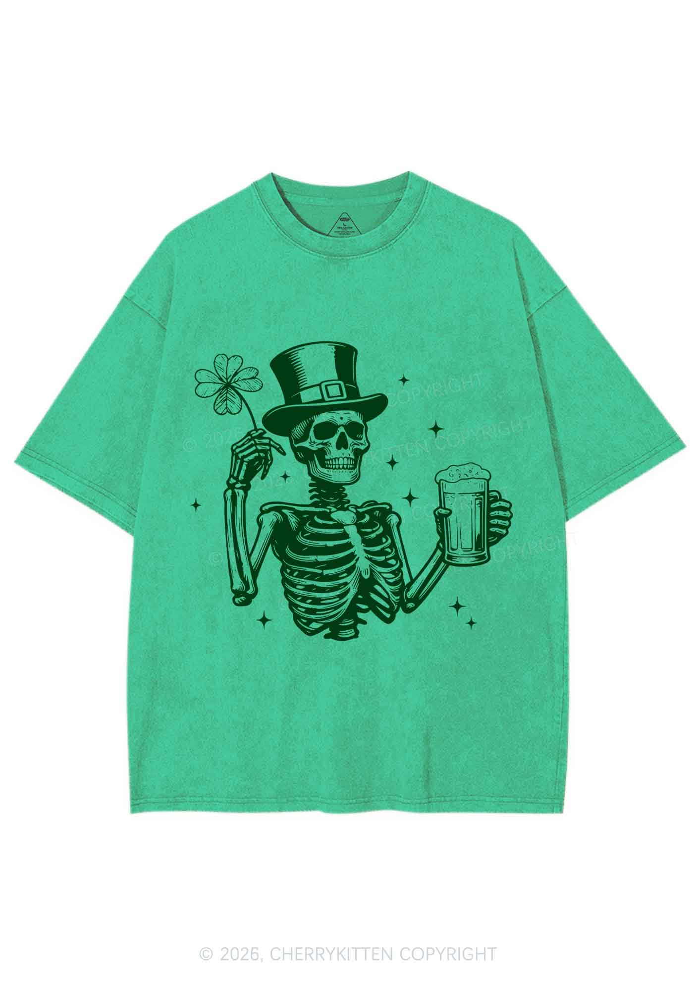 Green Skeleton St Patricks Y2K Shirts Washed Tee Cherrykitten - Image 3