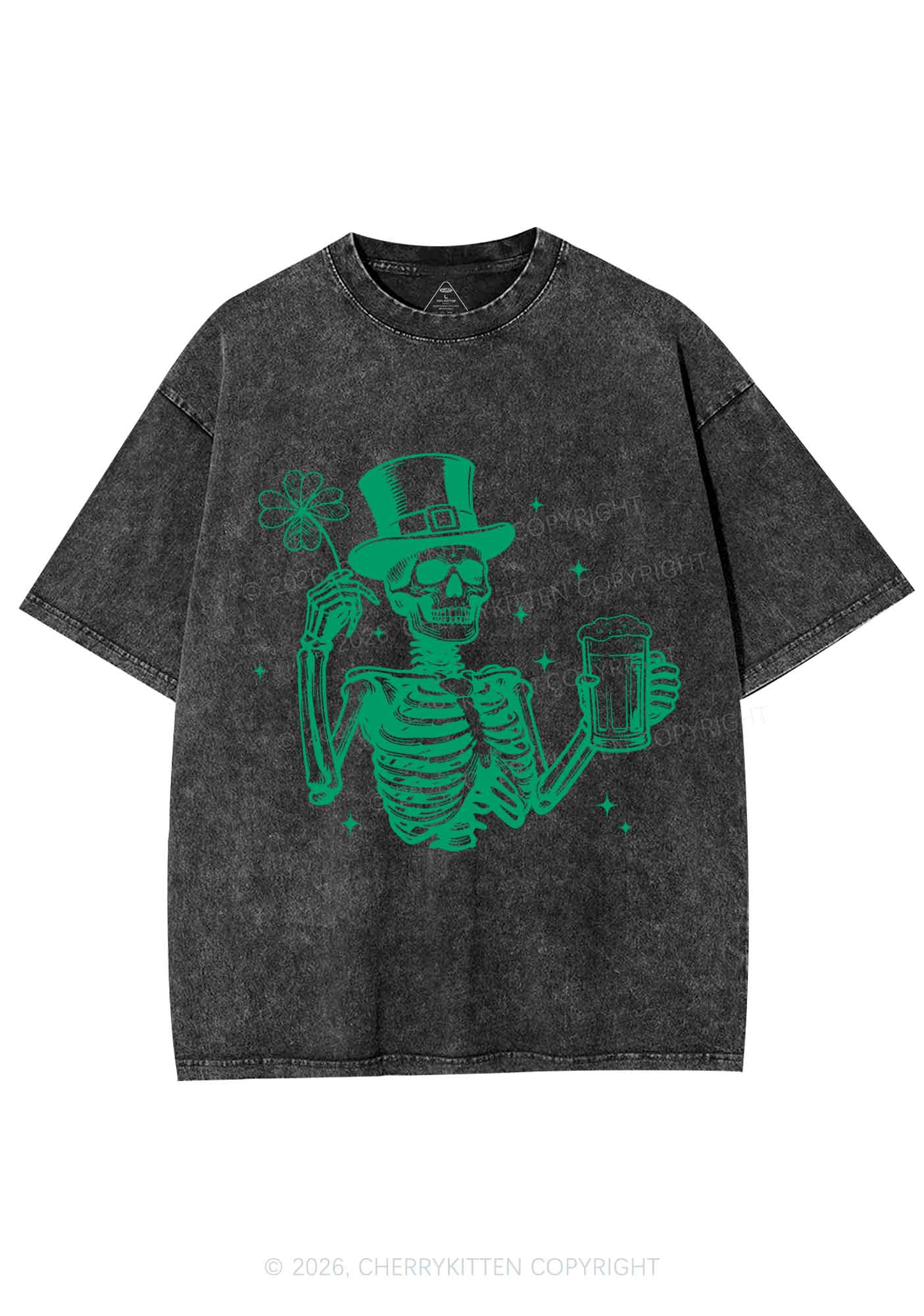Green Skeleton St Patricks Y2K Shirts Washed Tee Cherrykitten - Image 4