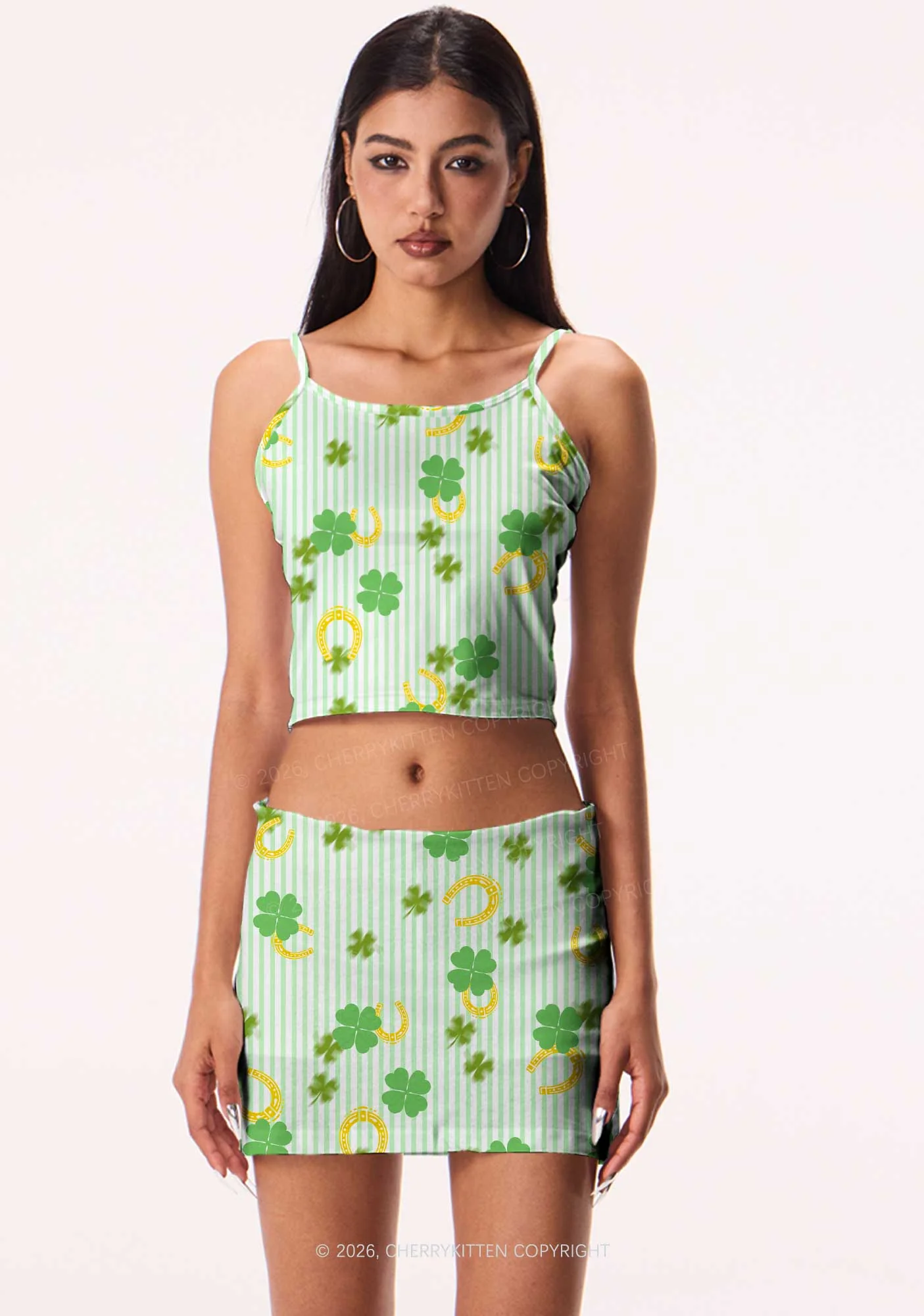 Green Stripe Clover Horseshoe St Patricks Y2K Print Mini Skirt Cherrykitten - Image 2