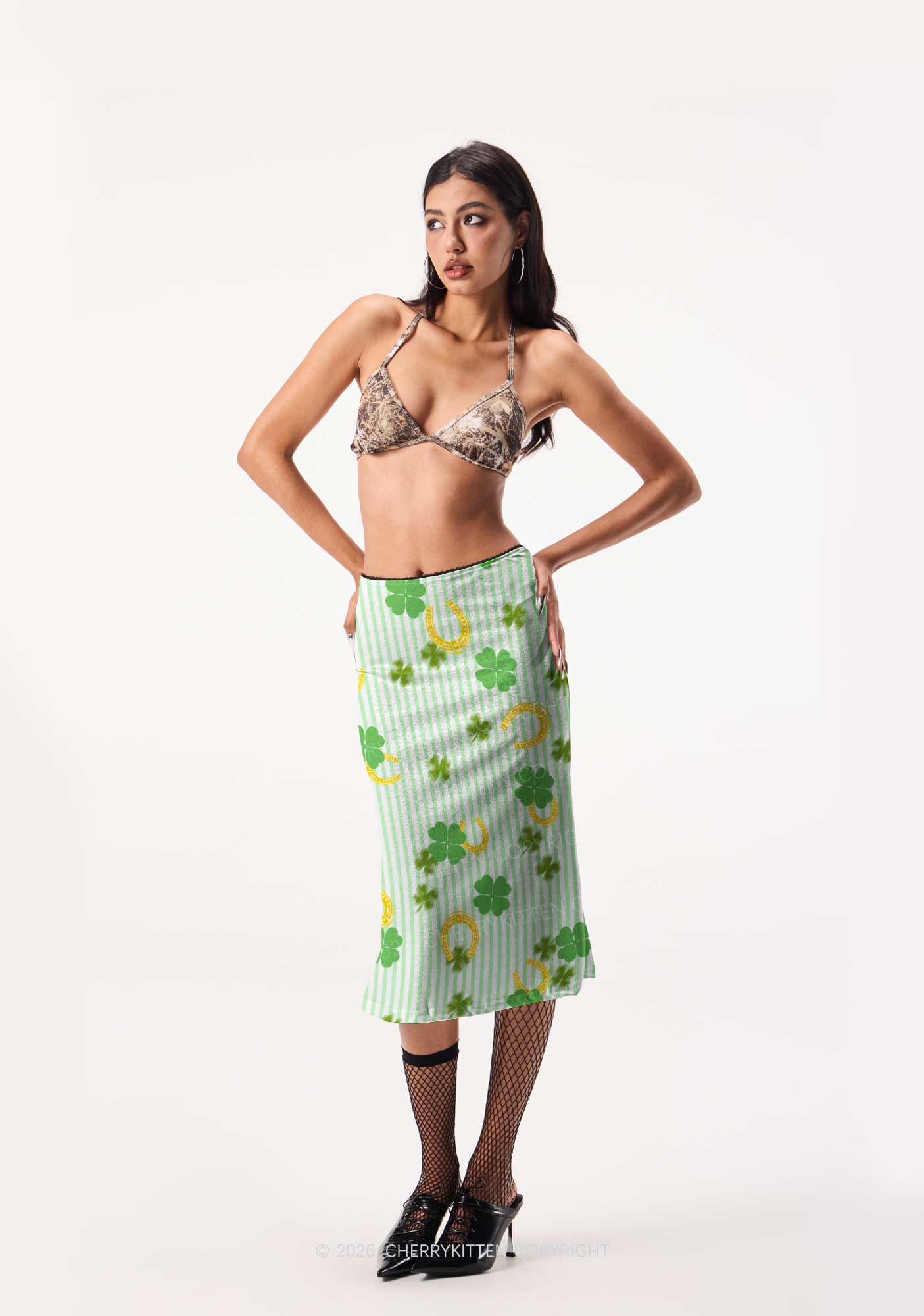 Green Stripe Clover Horseshoe St Patricks Y2K Print Midi Skirt Cherrykitten - Image 2