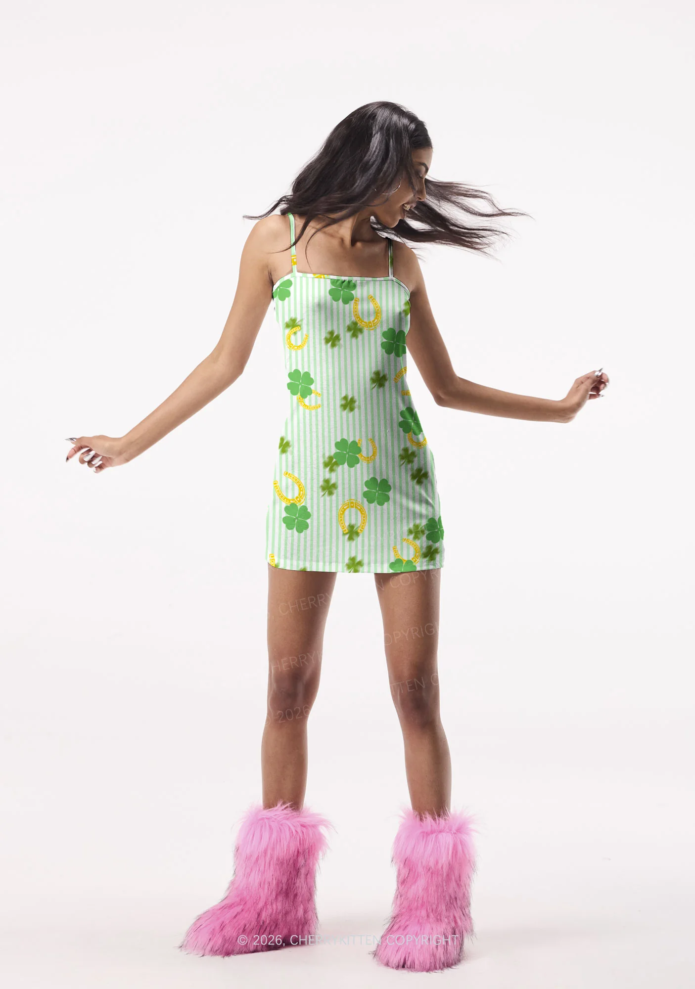 Green Stripe Clover Horseshoe St Patricks Y2K Print Slip Dress Cherrykitten - Image 2