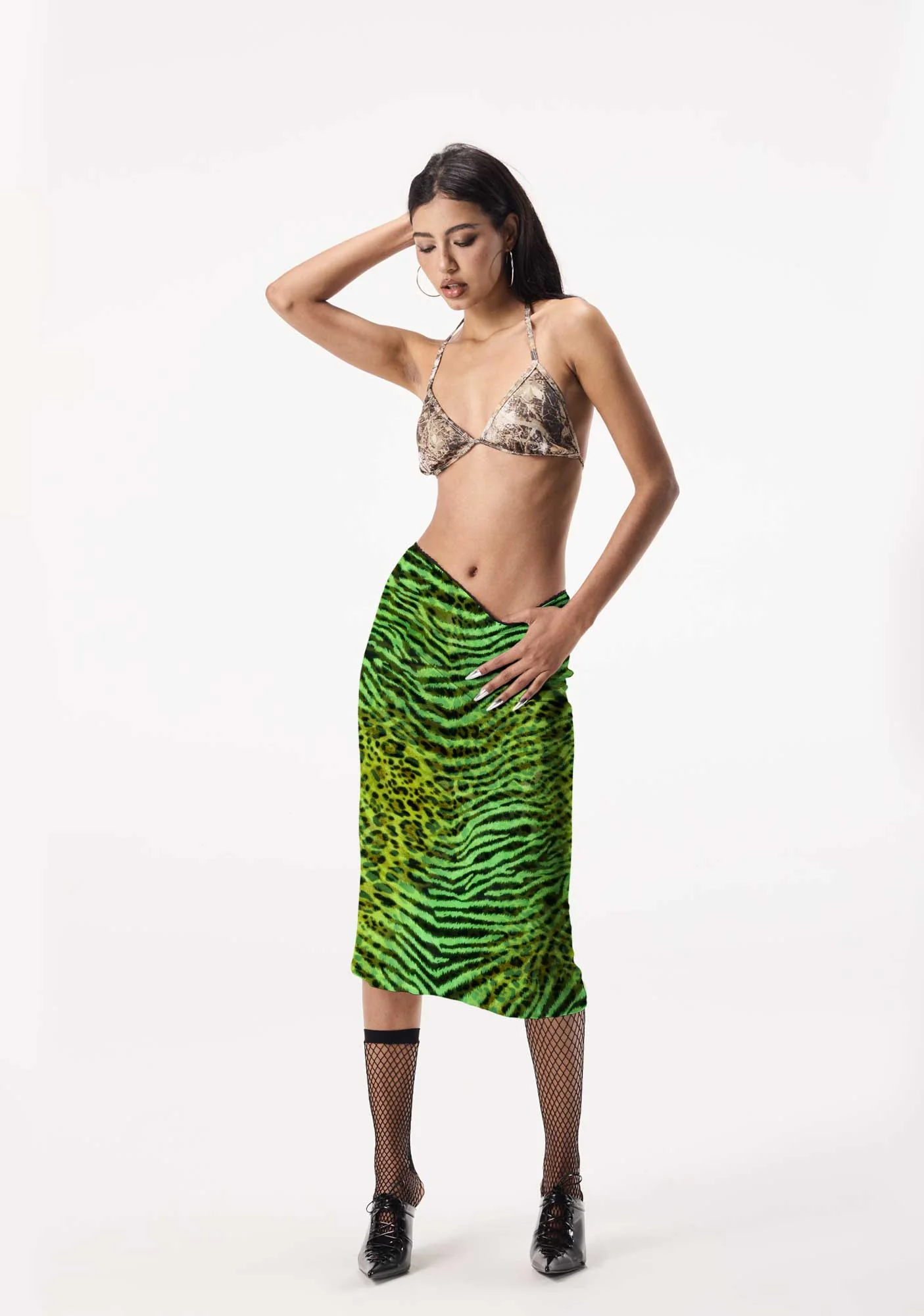 Green Zebra Leopard Pattern St Patricks Y2K Print Midi Skirt Cherrykitten - Image 2
