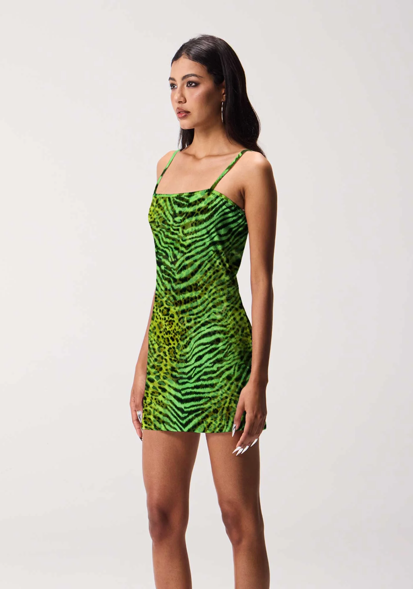 Green Zebra Leopard Pattern St Patricks Y2K Print Slip Dress Cherrykitten - Image 2