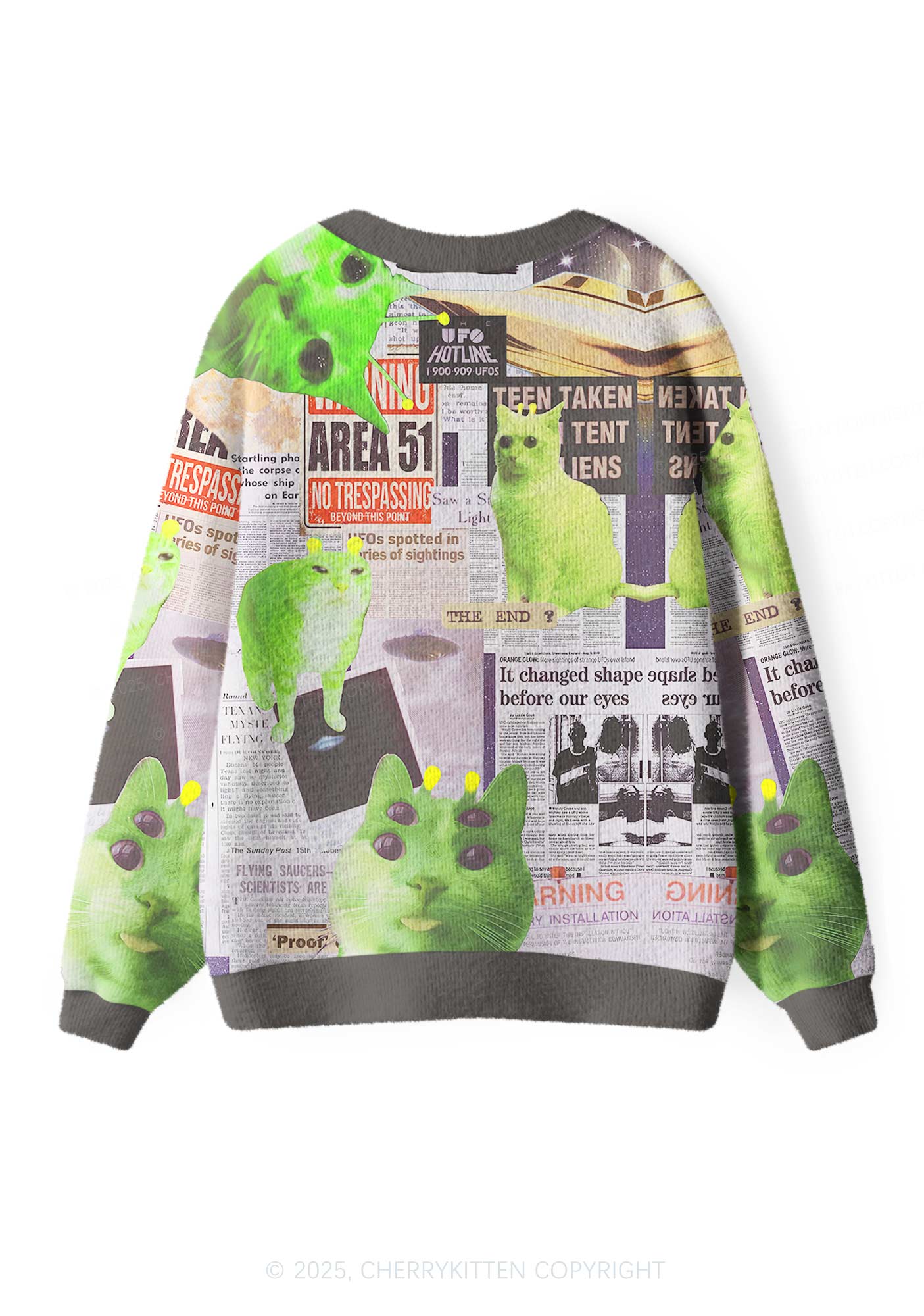 Grey Alien Kitten Y2K Christmas Cardigan Knit Sweatshirt Cherrykitten - Image 2