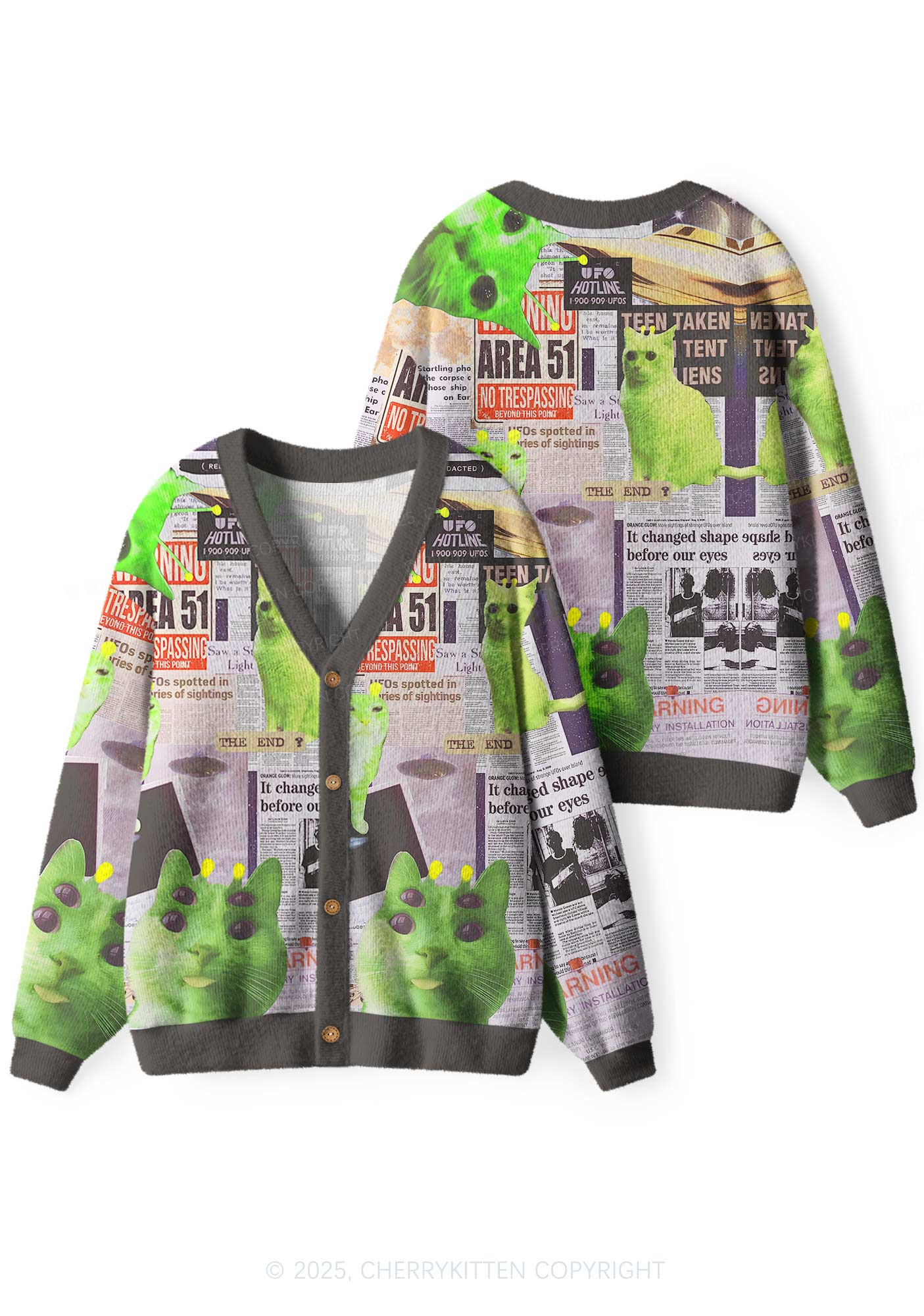 Grey Alien Kitten Y2K Christmas Cardigan Knit Sweatshirt Cherrykitten - Image 3