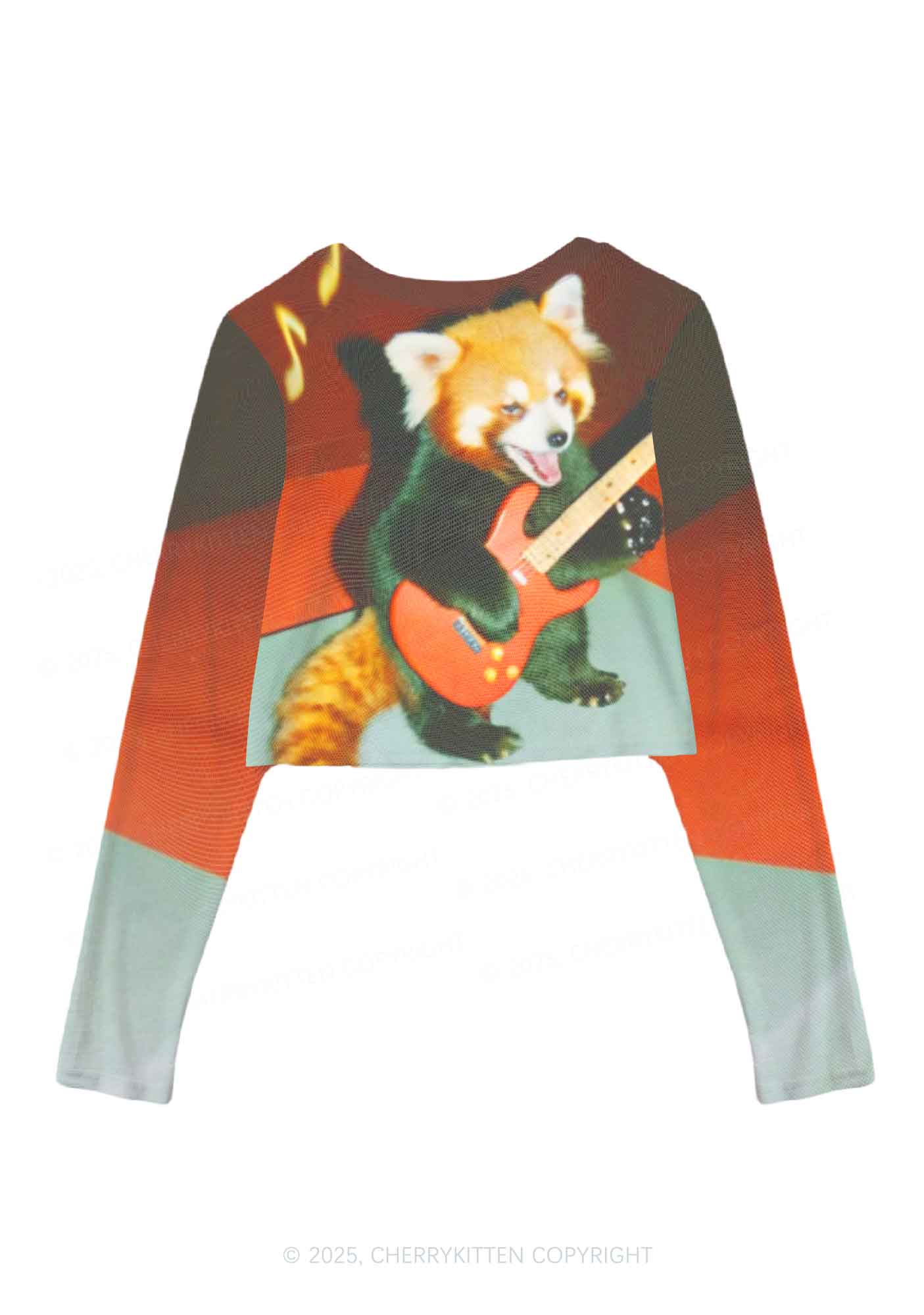 Guitar Raccoon Y2K Mesh Long Sleeve Crop Top Cherrykitten - Image 2
