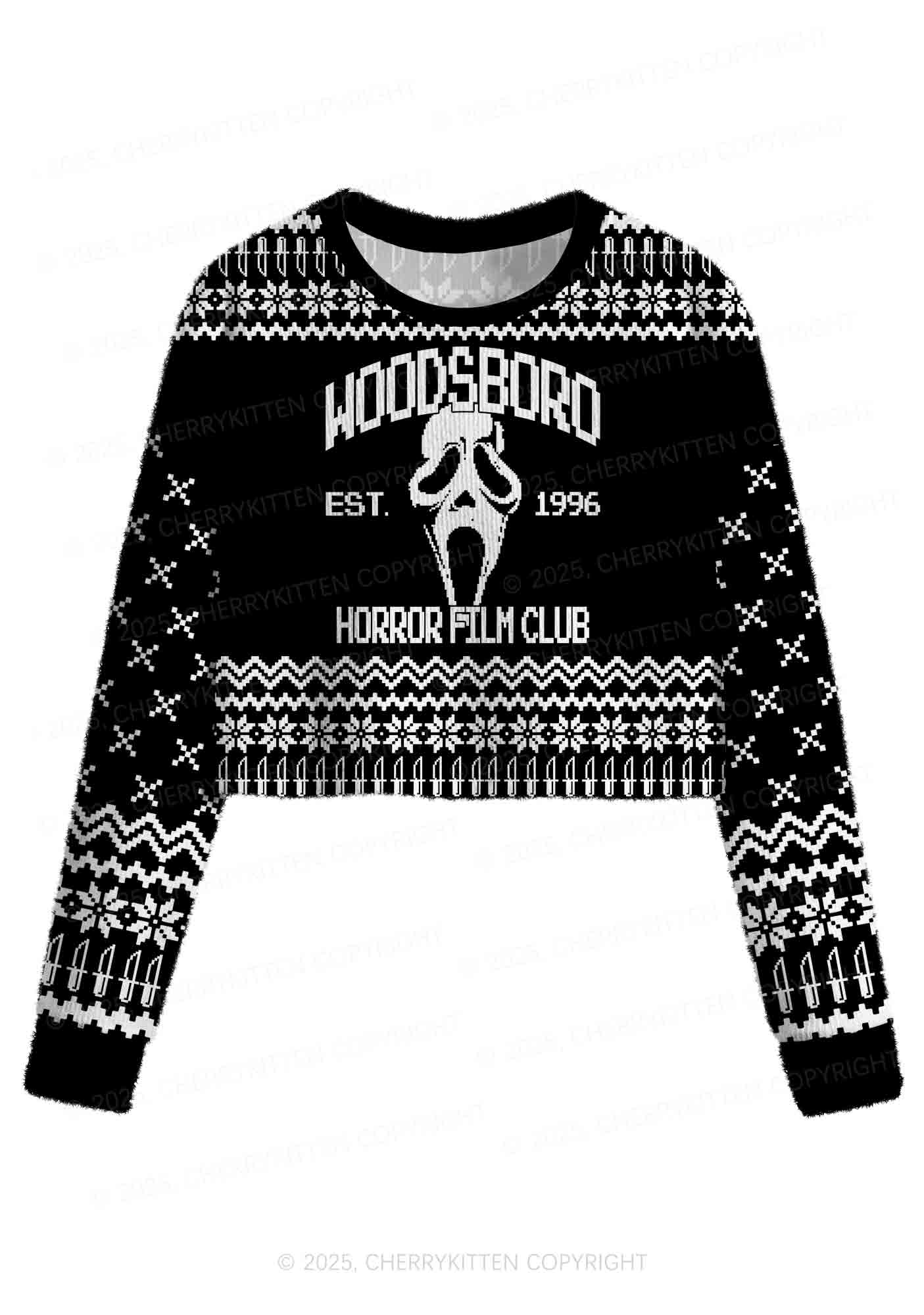 Halloween Black Horror Club Y2K Christmas Crop Knit Sweatshirt Cherrykitten - Image 2