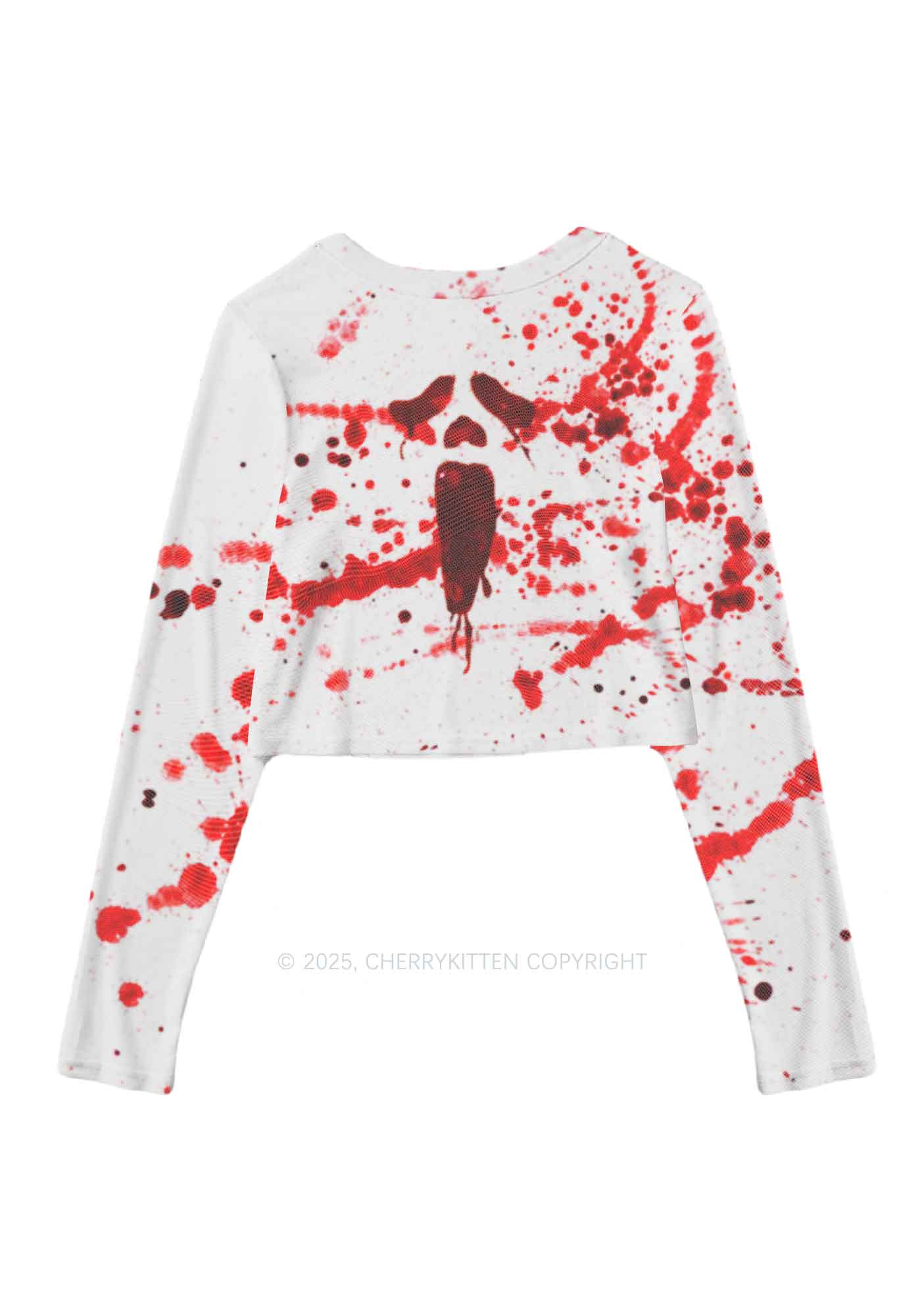 Halloween Bloody Ghost Y2K Mesh Long Sleeve Crop Top Cherrykitten - Image 3