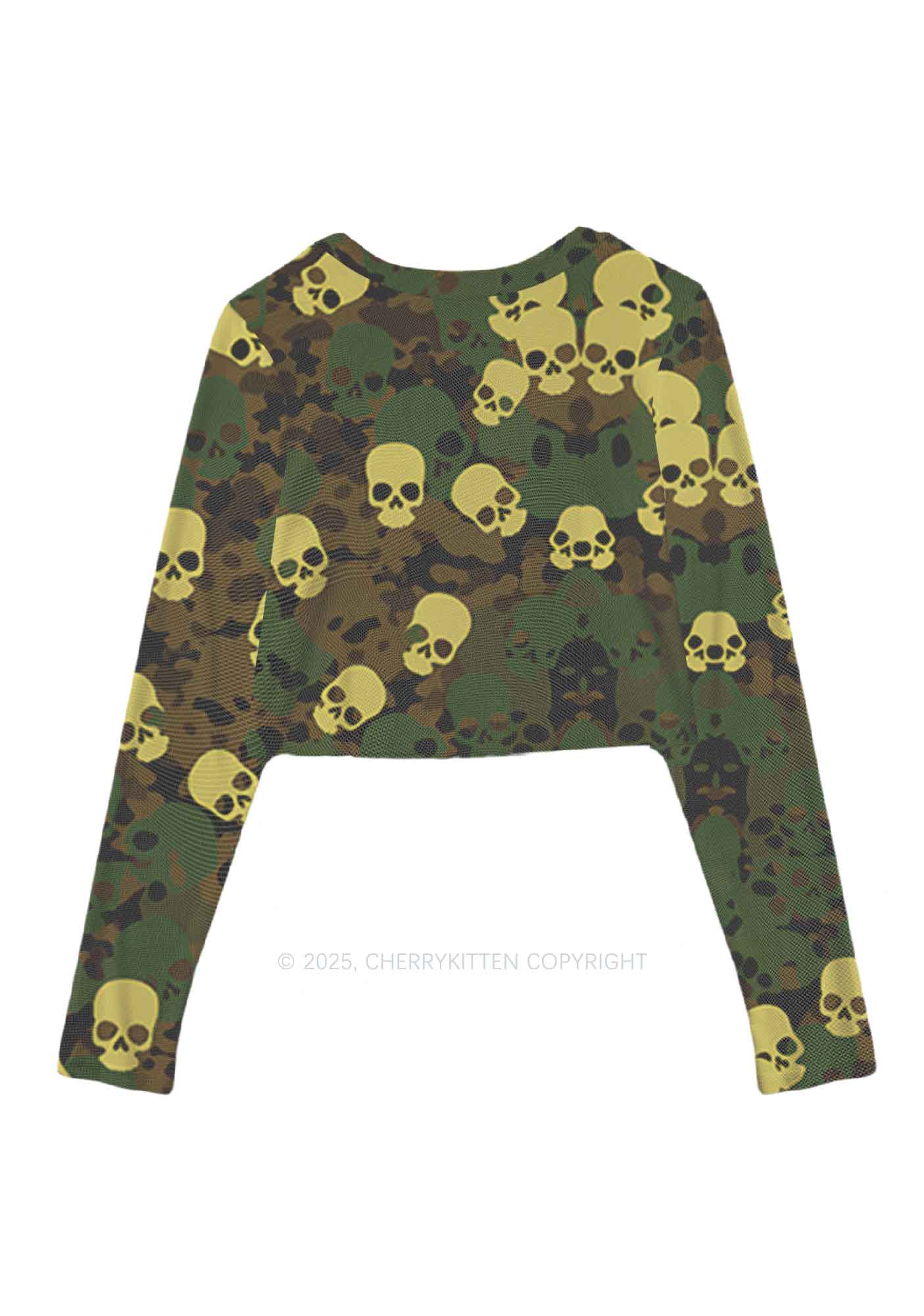 Halloween Camouflage Skull Y2K Mesh Long Sleeve Crop Top Cherrykitten - Image 3
