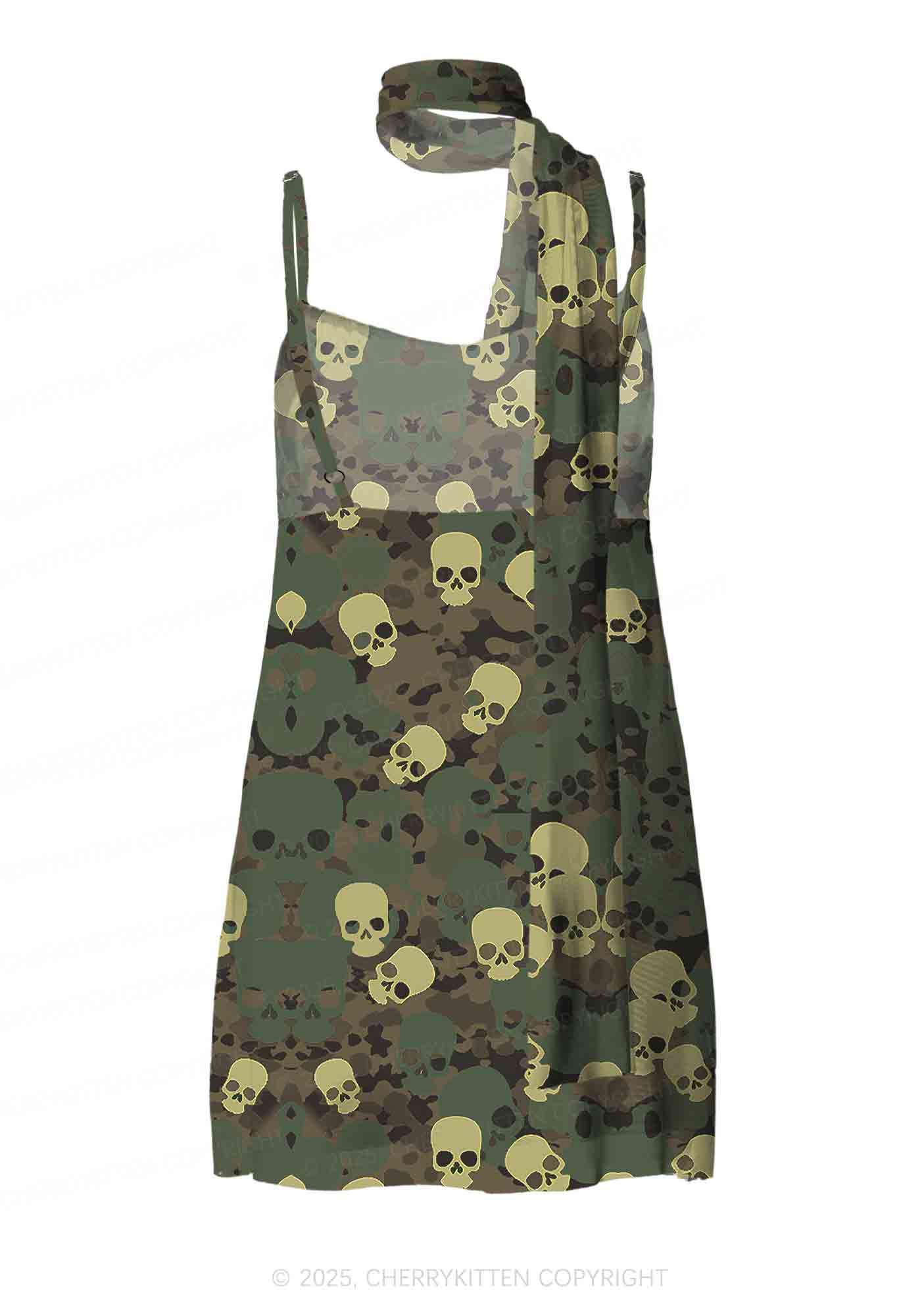 Halloween Camouflage Skull Y2K Mesh Slip Dress With Scarf Set Cherrykitten - Image 3