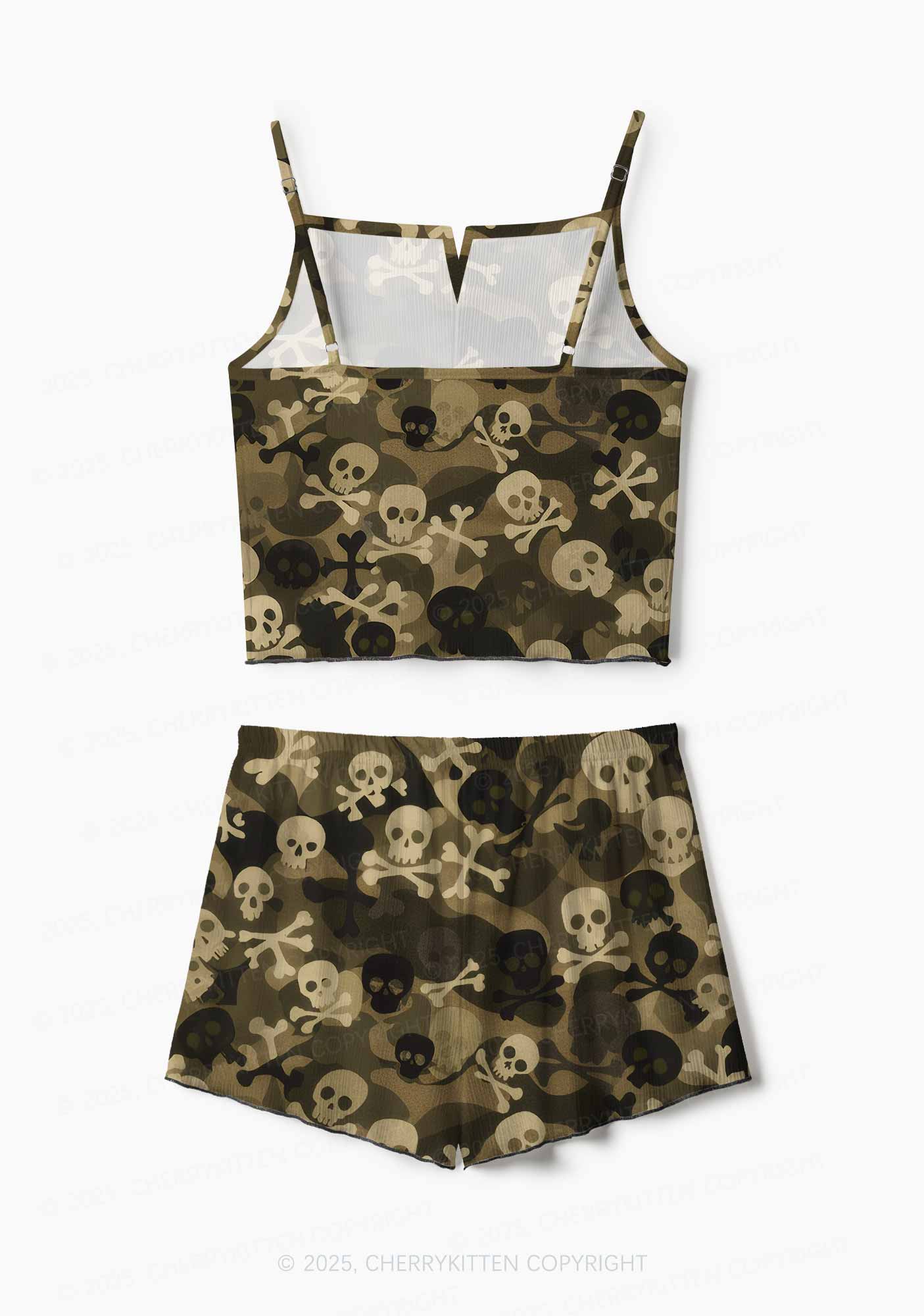Halloween Camouflage Skulls Y2K Print Cami Shorts Pajama Set Cherrykitten - Image 3