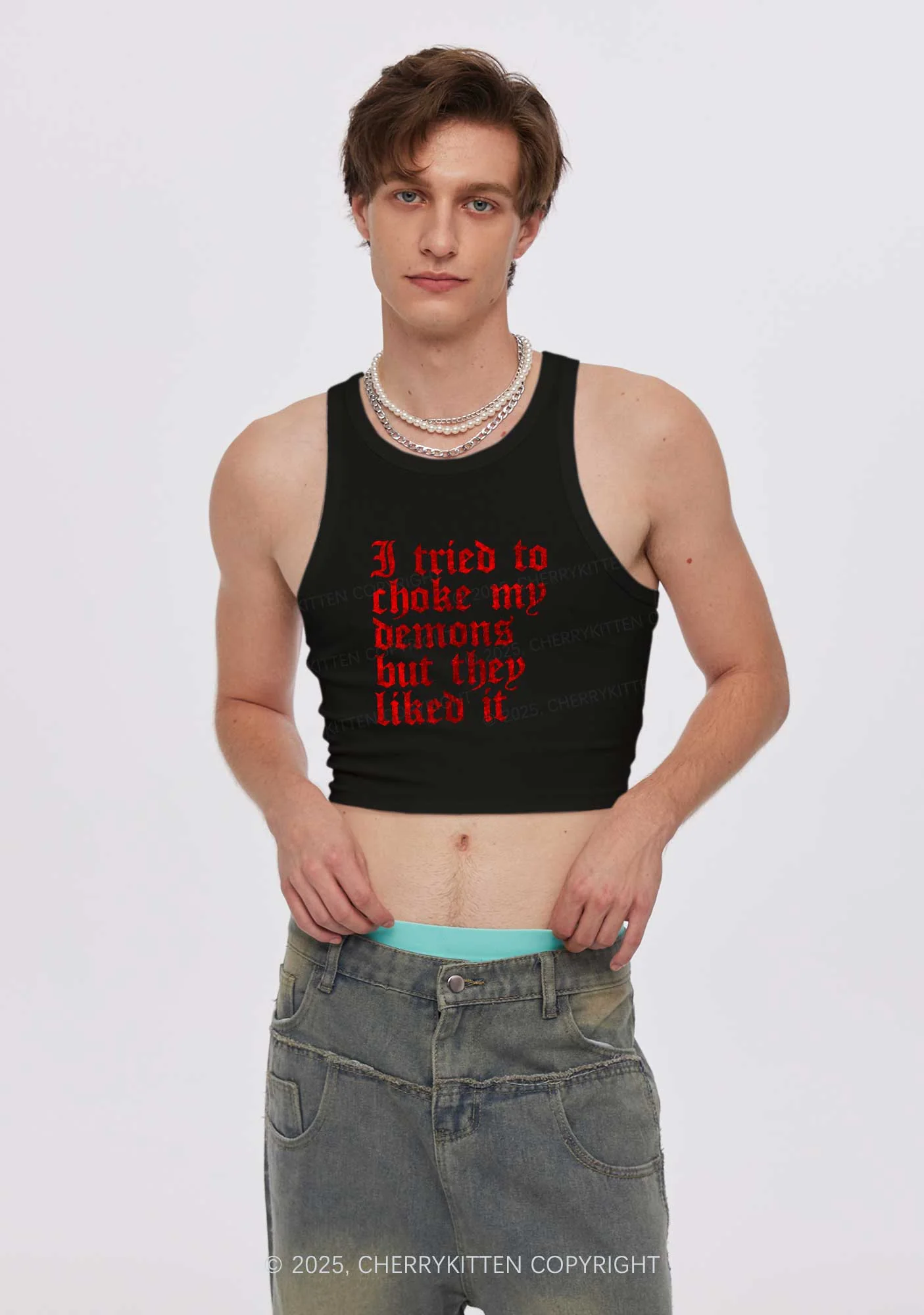 Halloween Choke Demons They Liked Y2K Crop Tank Top Cherrykitten - Image 2