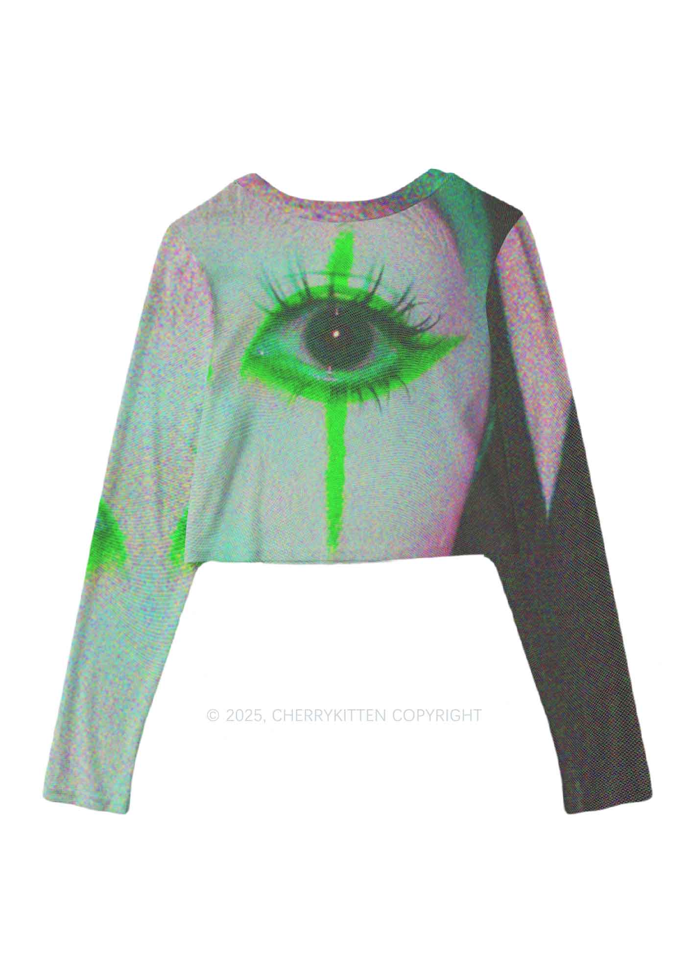 Halloween Cry Eye Y2K Mesh Long Sleeve Crop Top Cherrykitten - Image 3