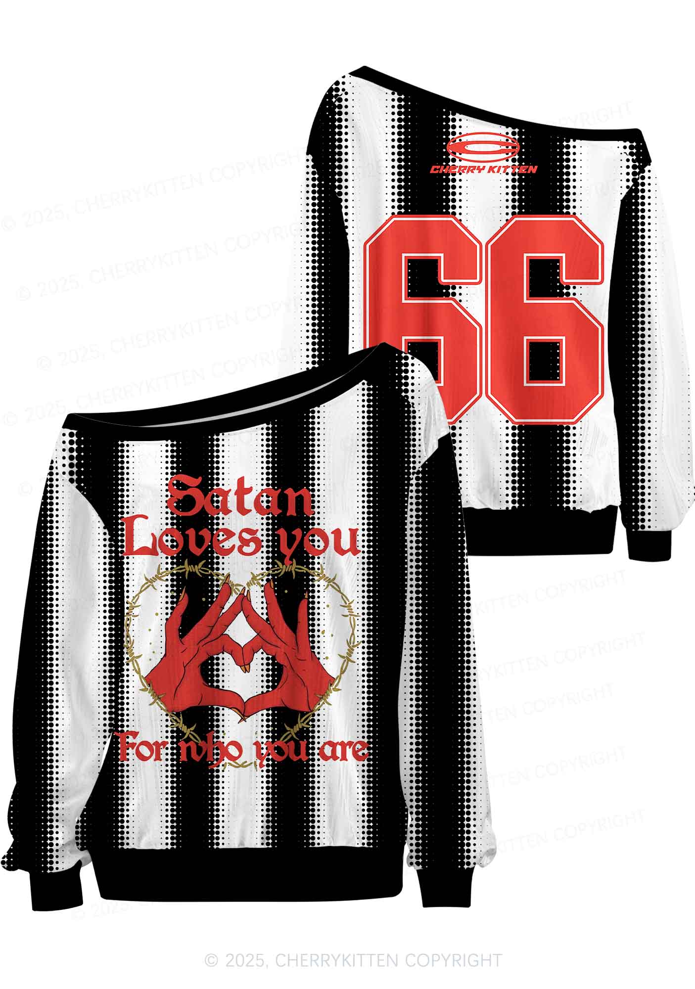Halloween Custom Black Satan Heart Y2K Off Shoulder Long Sleeve Sport Jersey Shirts Cherrykitten - Image 3
