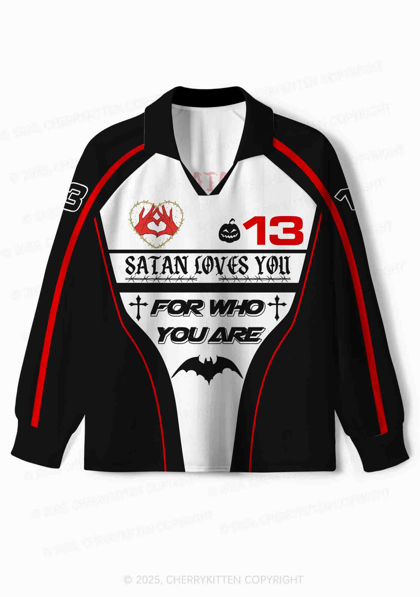 Halloween Custom Satan Loves Y2K Sport Long Sleeve Jersey Shirts Cherrykitten - Image 2