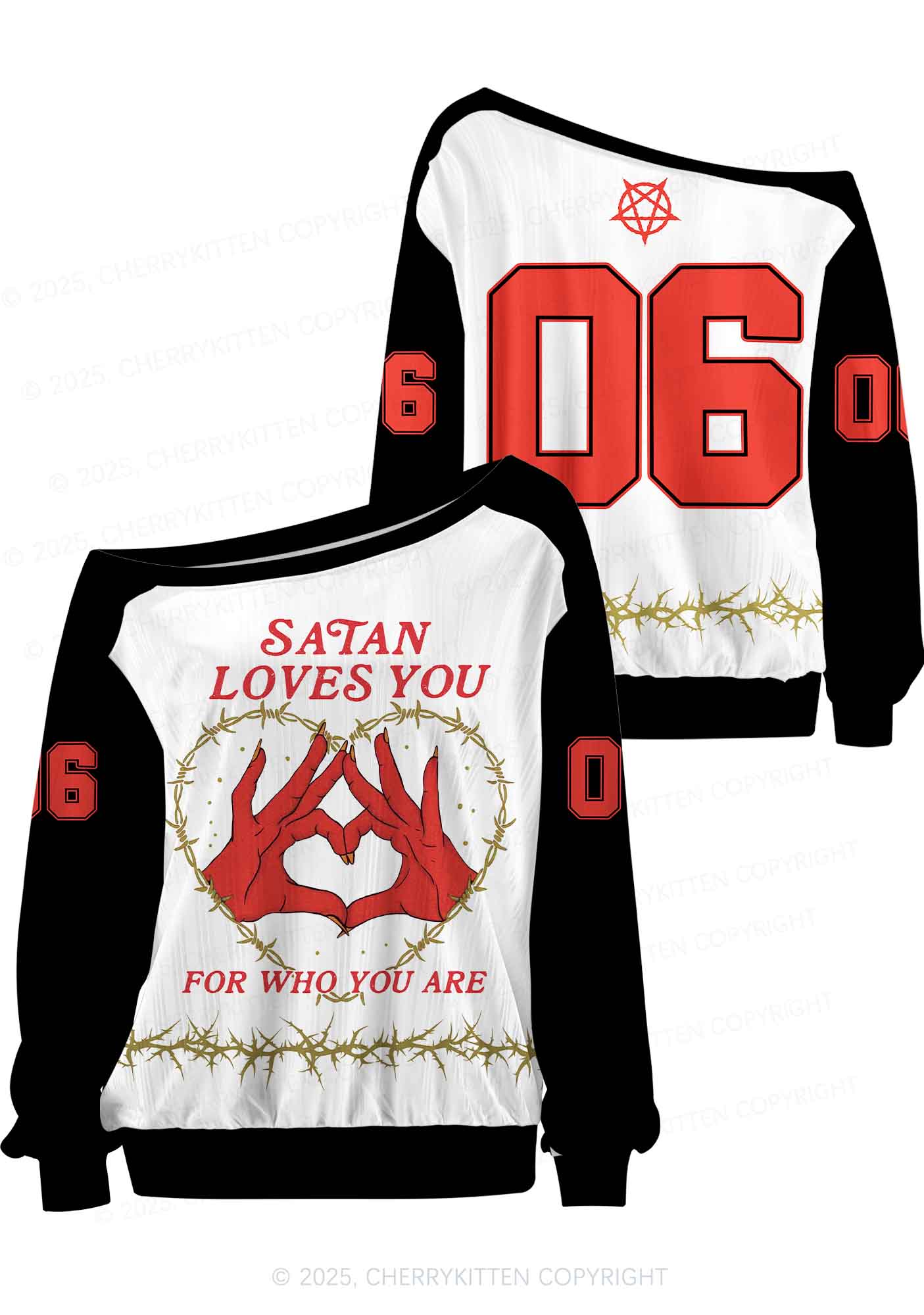 Halloween Custom White Satan Heart Y2K Off Shoulder Long Sleeve Sport Jersey Shirts Cherrykitten - Image 3