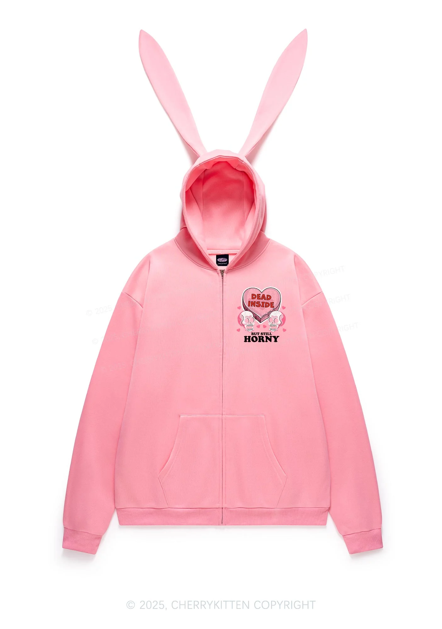 Halloween Dead Inside But Still Horxy Y2K Bunny Ear Zip Hoodie Cherrykitten - Image 4