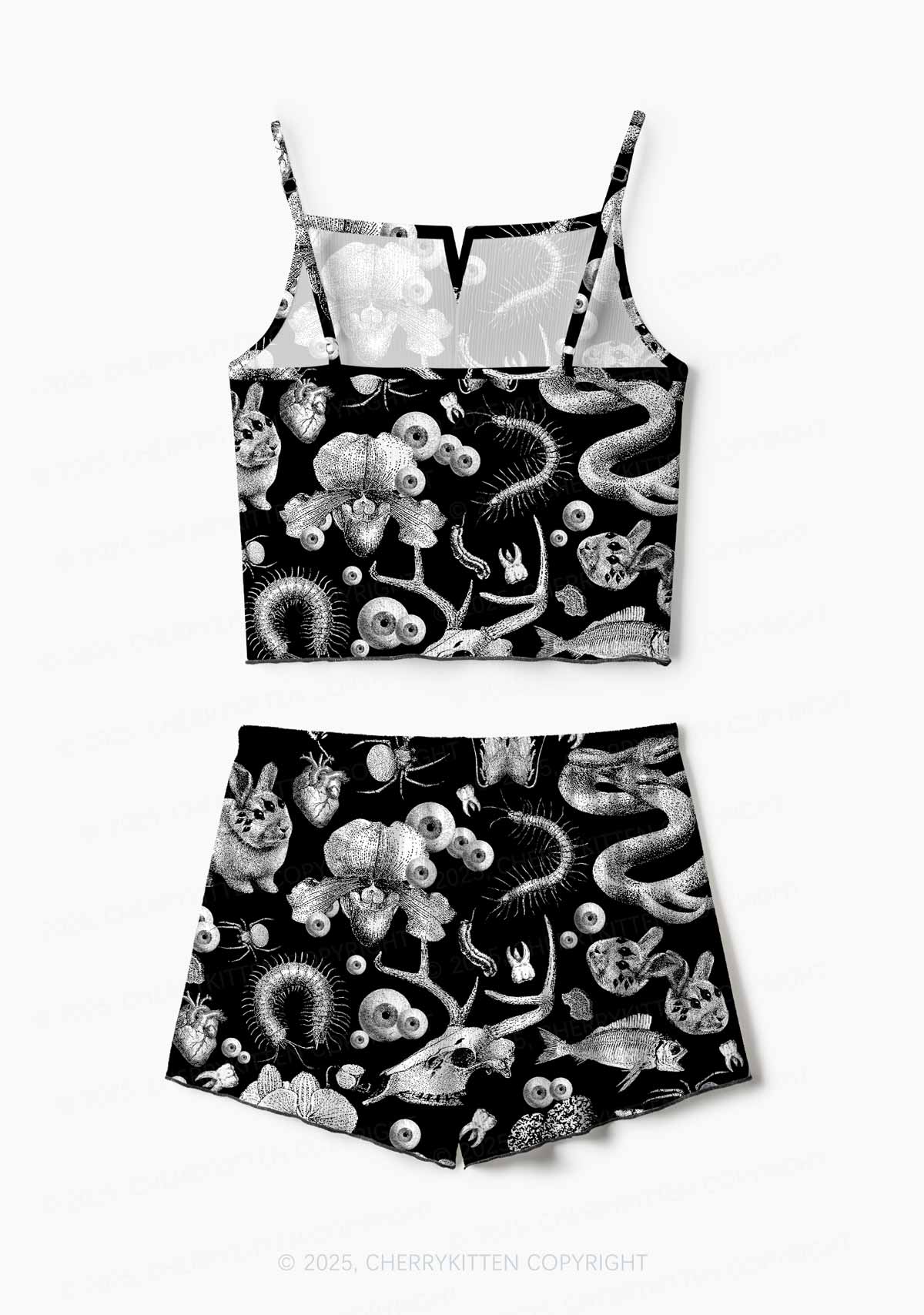 Halloween Dark Sheep Bone Y2K Print Cami Shorts Pajama Set Cherrykitten - Image 3
