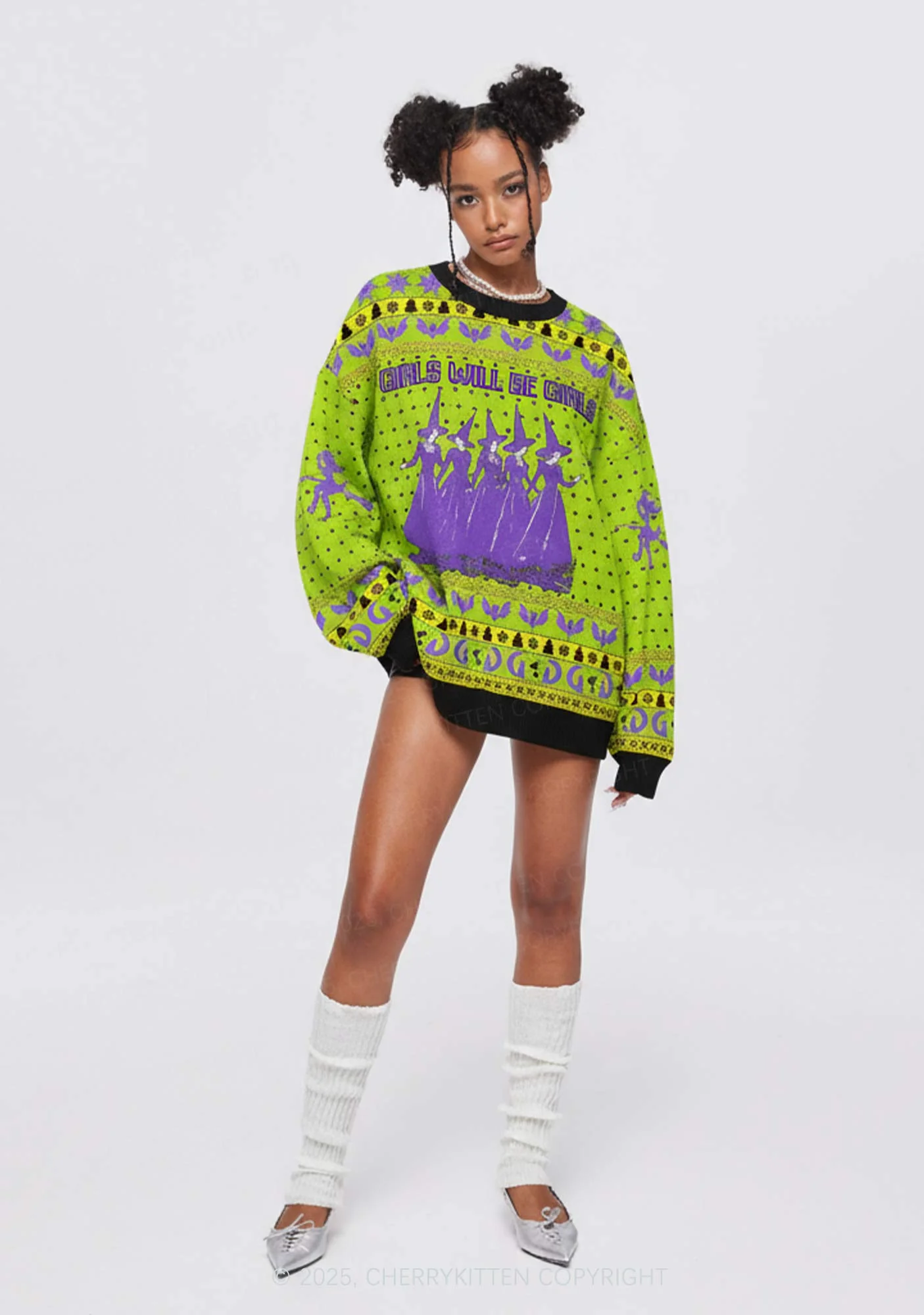 Halloween Girls Will Be Girls Y2K Christmas Knit Sweatshirt Cherrykitten - Image 2