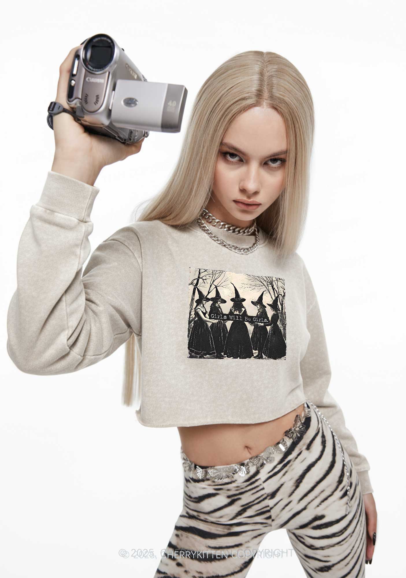 Halloween Girls Will Be Girls Y2K Crop Washed Sweatshirts Cherrykitten - Image 2