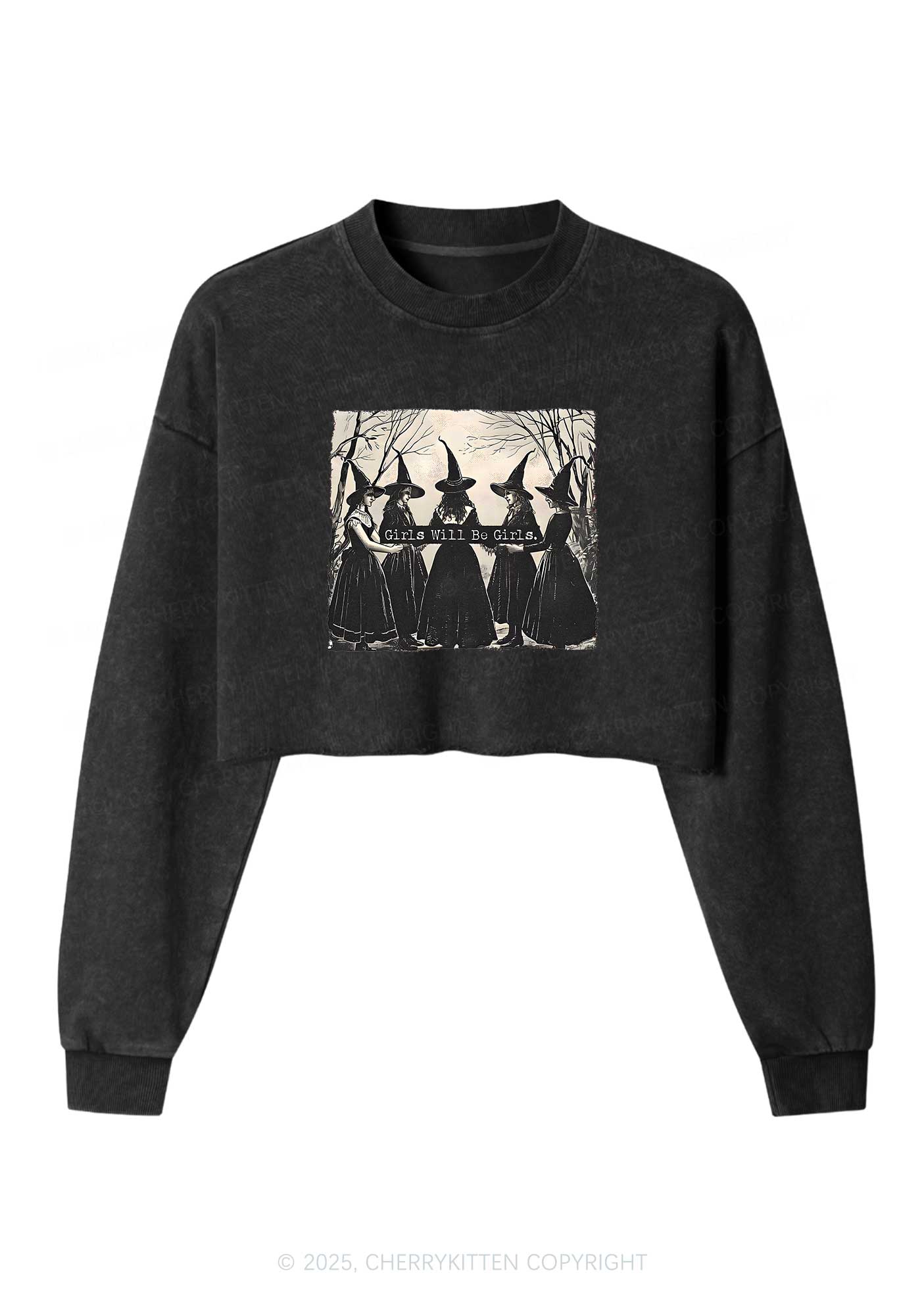 Halloween Girls Will Be Girls Y2K Crop Washed Sweatshirts Cherrykitten - Image 3