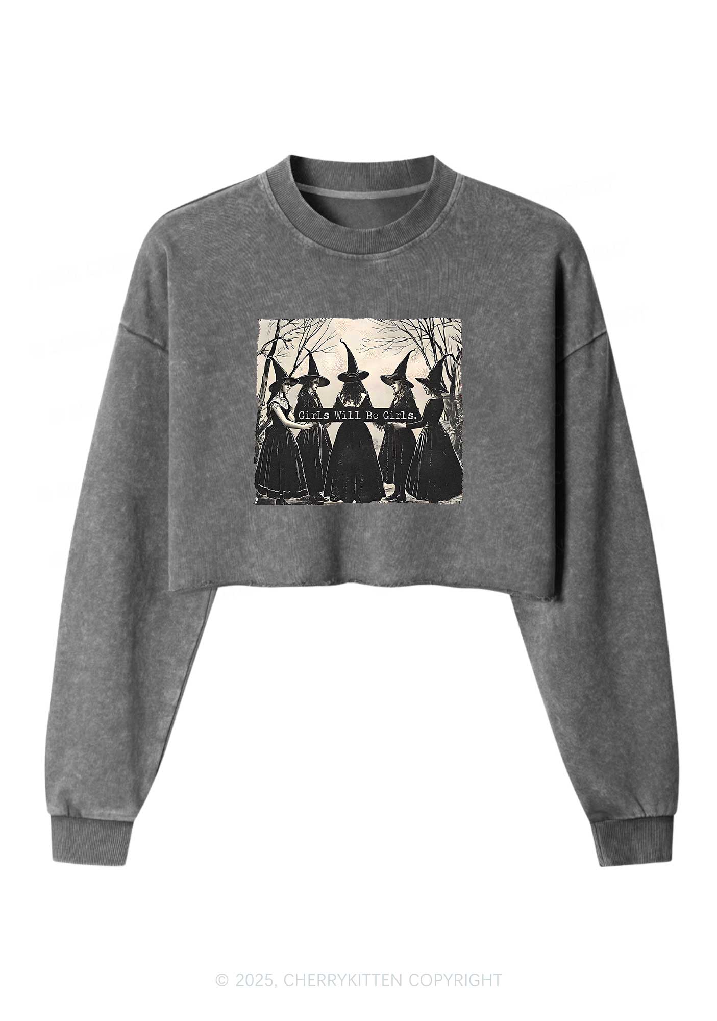 Halloween Girls Will Be Girls Y2K Crop Washed Sweatshirts Cherrykitten - Image 4