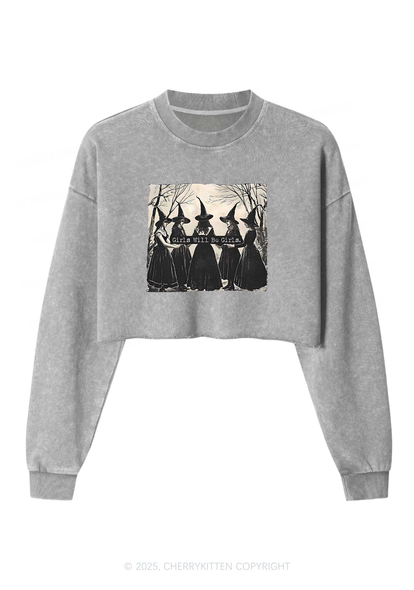 Halloween Girls Will Be Girls Y2K Crop Washed Sweatshirts Cherrykitten - Image 5