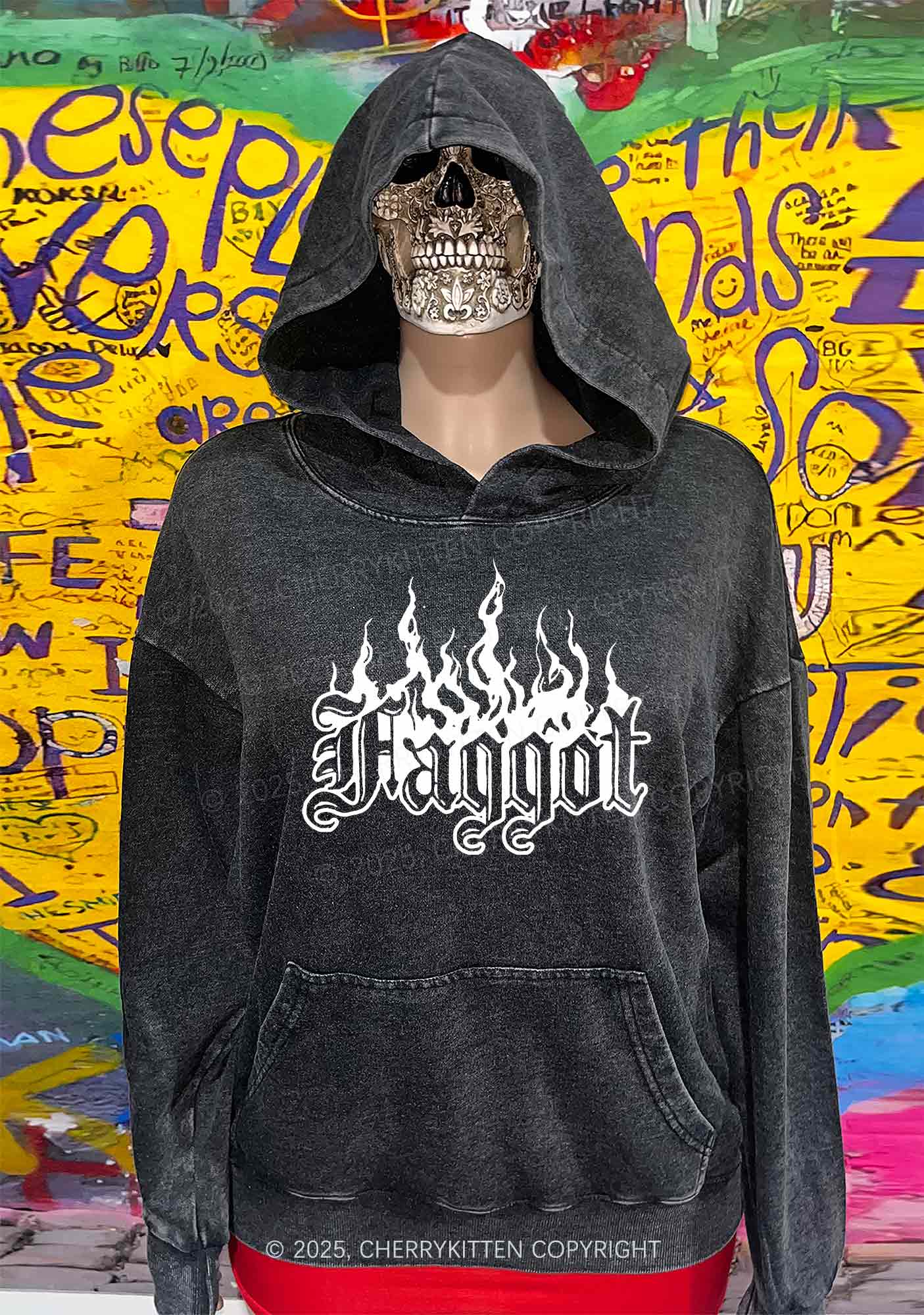 Halloween Goth Faggot Pride Y2K Washed Hoodie Cherrykitten - Image 2