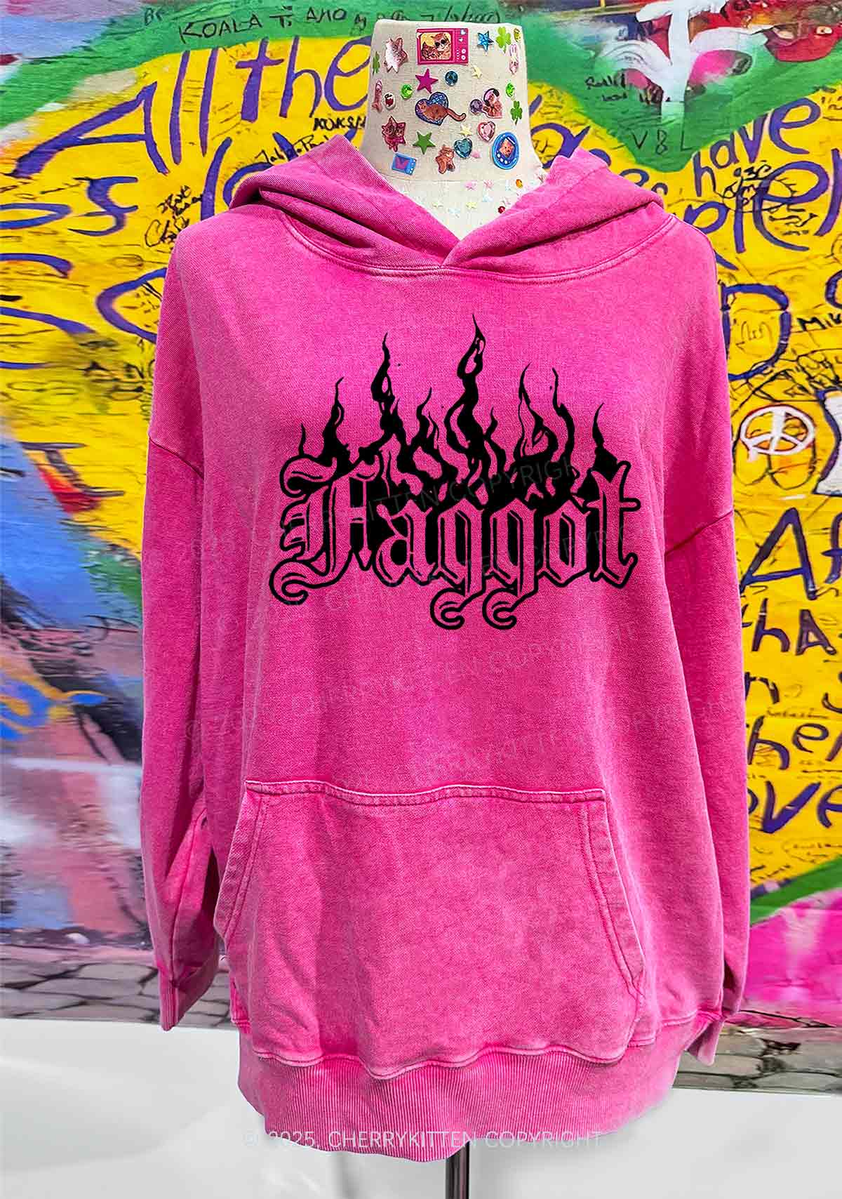 Halloween Goth Faggot Pride Y2K Washed Hoodie Cherrykitten - Image 3