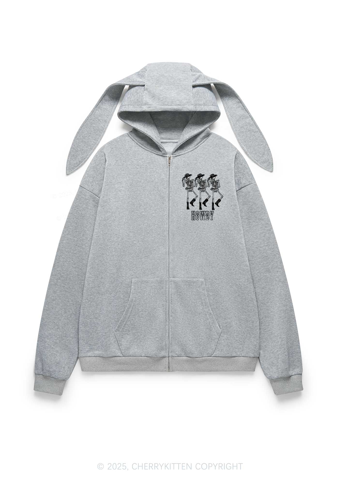 Halloween Howdy Dancing Skeletons Y2K Bunny Ear Zip Hoodie Cherrykitten - Image 5