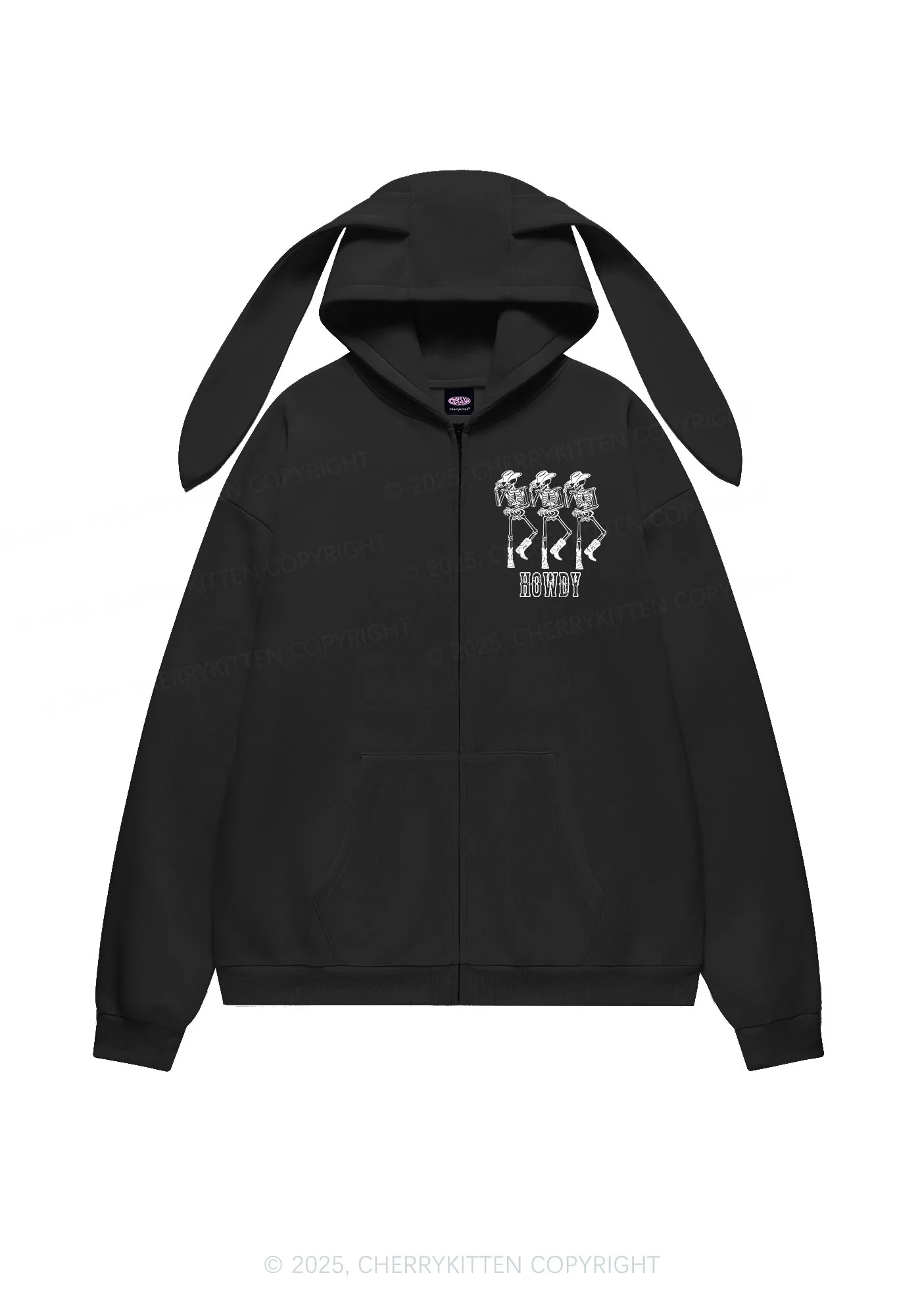 Halloween Howdy Dancing Skeletons Y2K Bunny Ear Zip Hoodie Cherrykitten - Image 6
