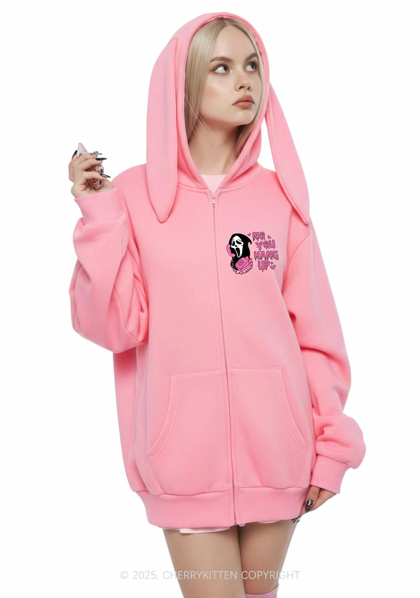 Halloween No You Hang Up Y2K Bunny Ear Zip Hoodie Cherrykitten - Image 3