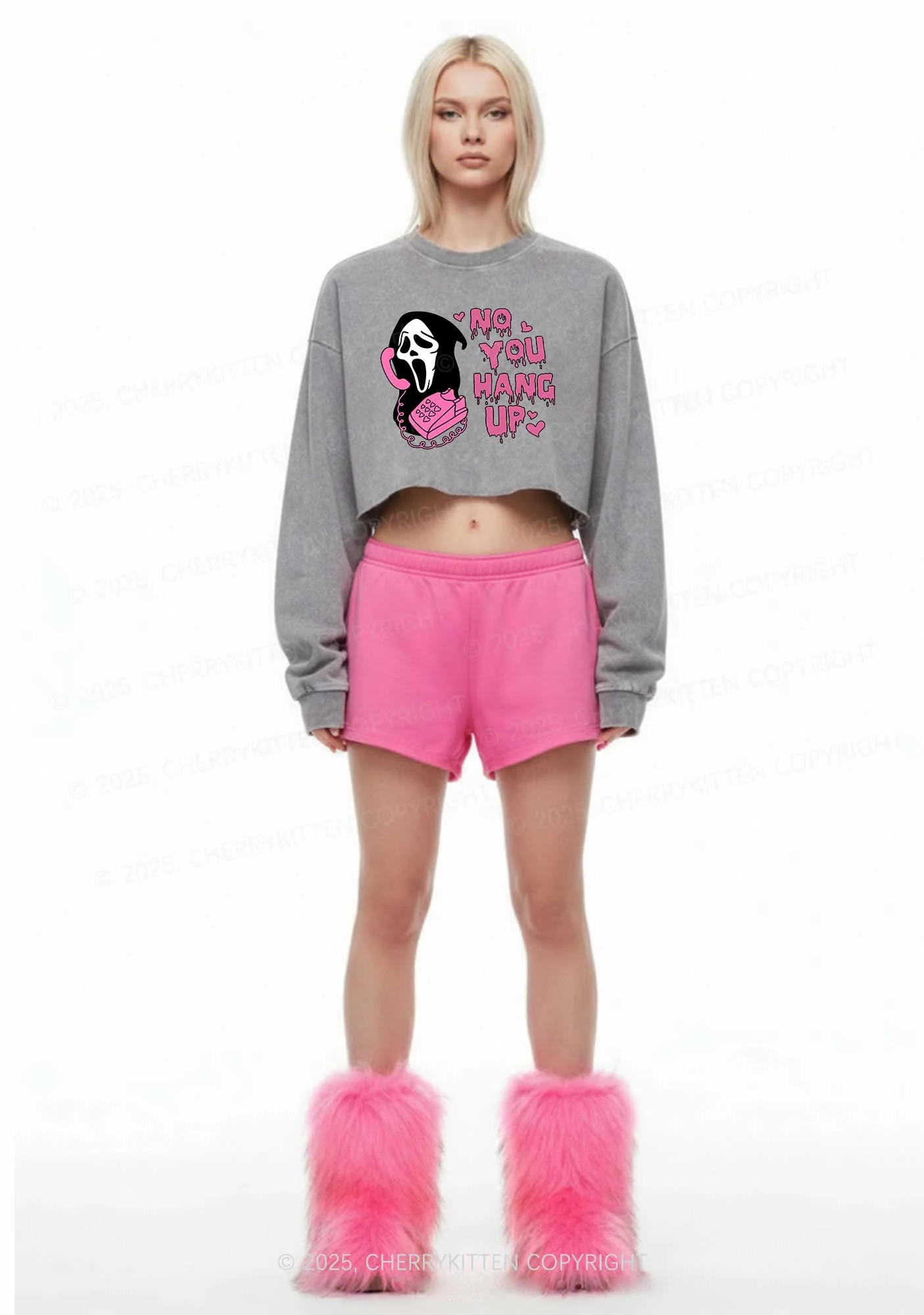 Halloween No You Hang Up Y2K Crop Washed Sweatshirts Cherrykitten - Image 2