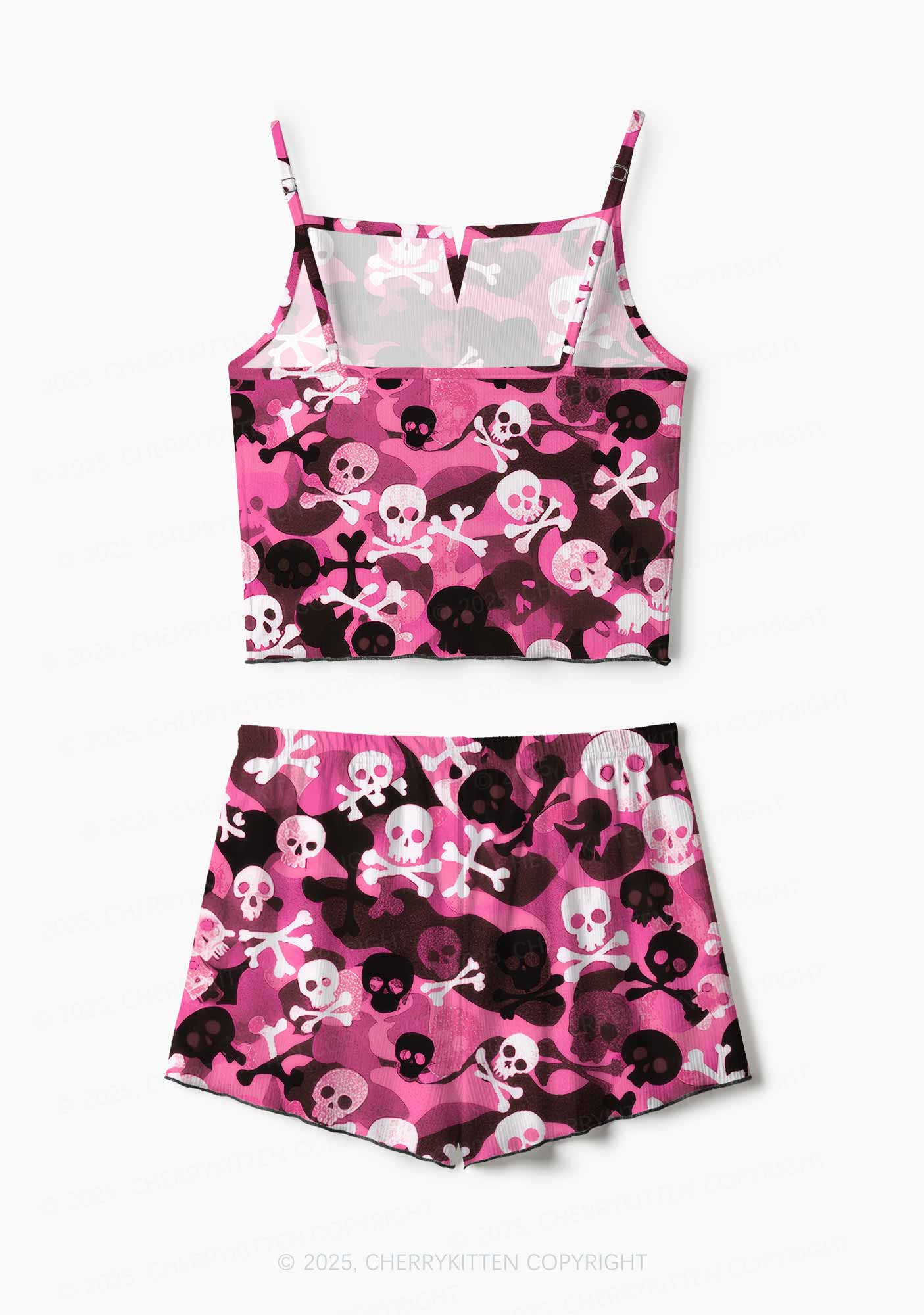 Halloween Pink Camouflage Skull Y2K Print Cami Shorts Pajama Set Cherrykitten - Image 3