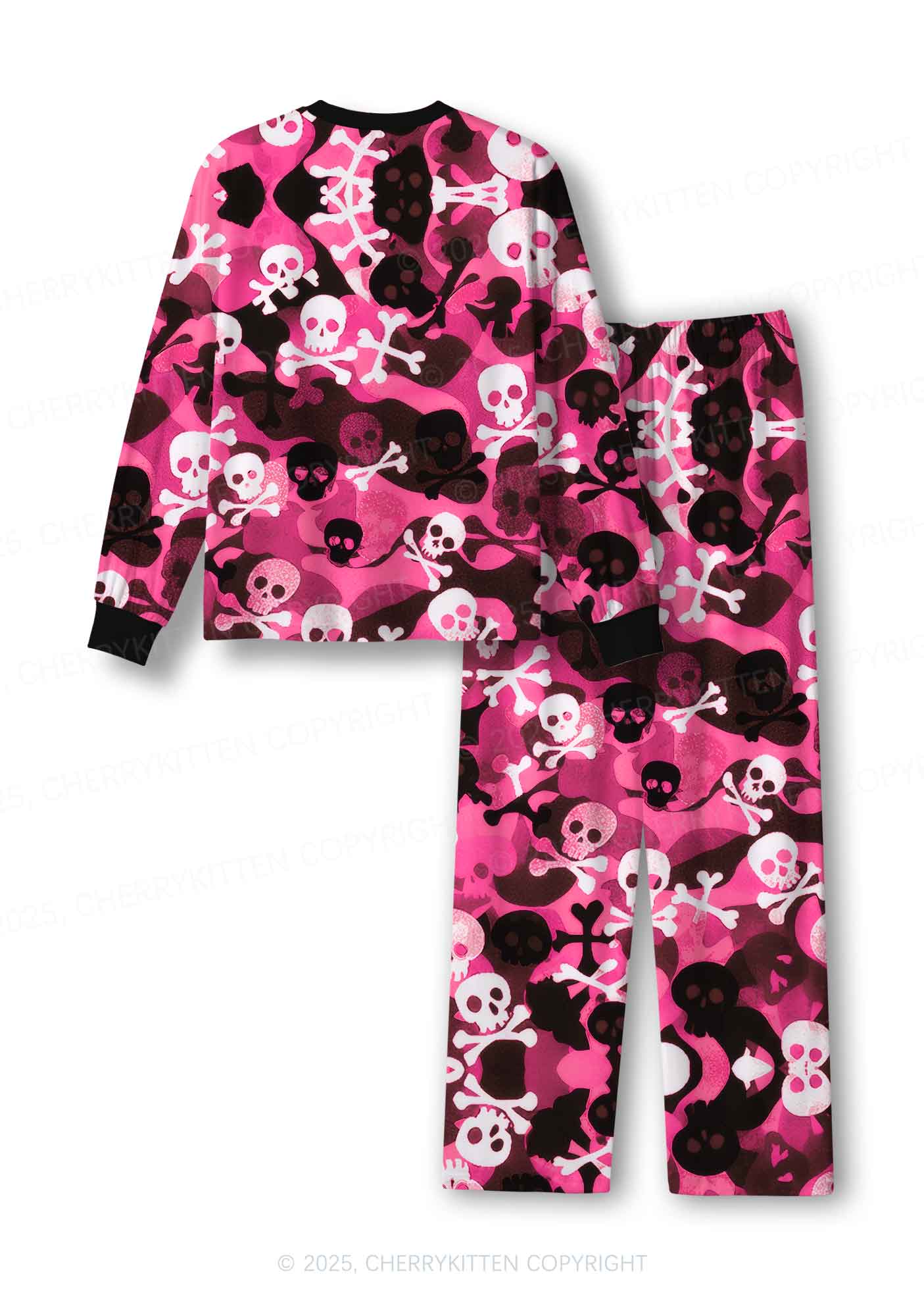 Halloween Pink Camouflage Skull Y2K Print Long Sleeve Pajama Set Cherrykitten - Image 3
