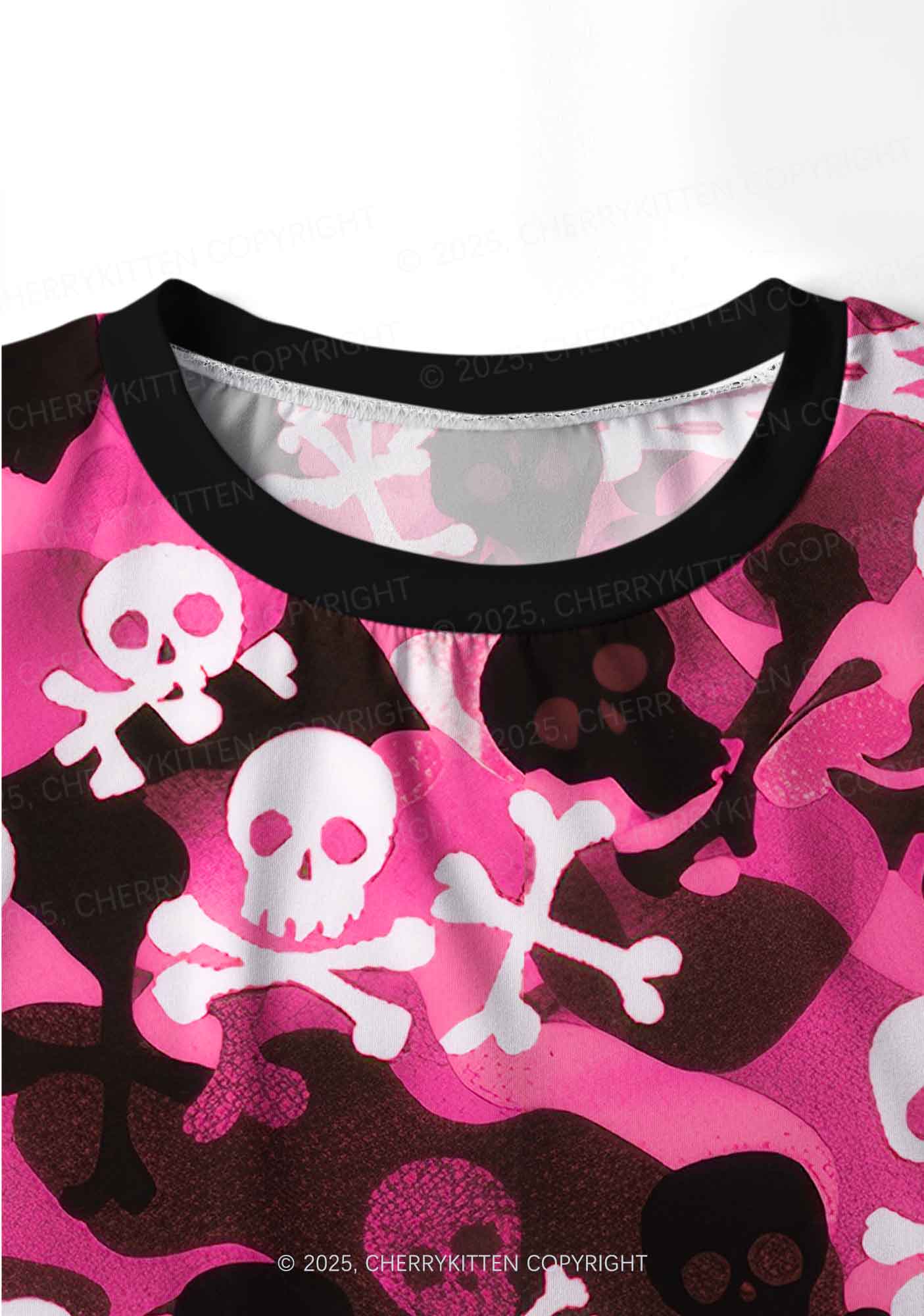 Halloween Pink Camouflage Skull Y2K Print Long Sleeve Pajama Set Cherrykitten - Image 4