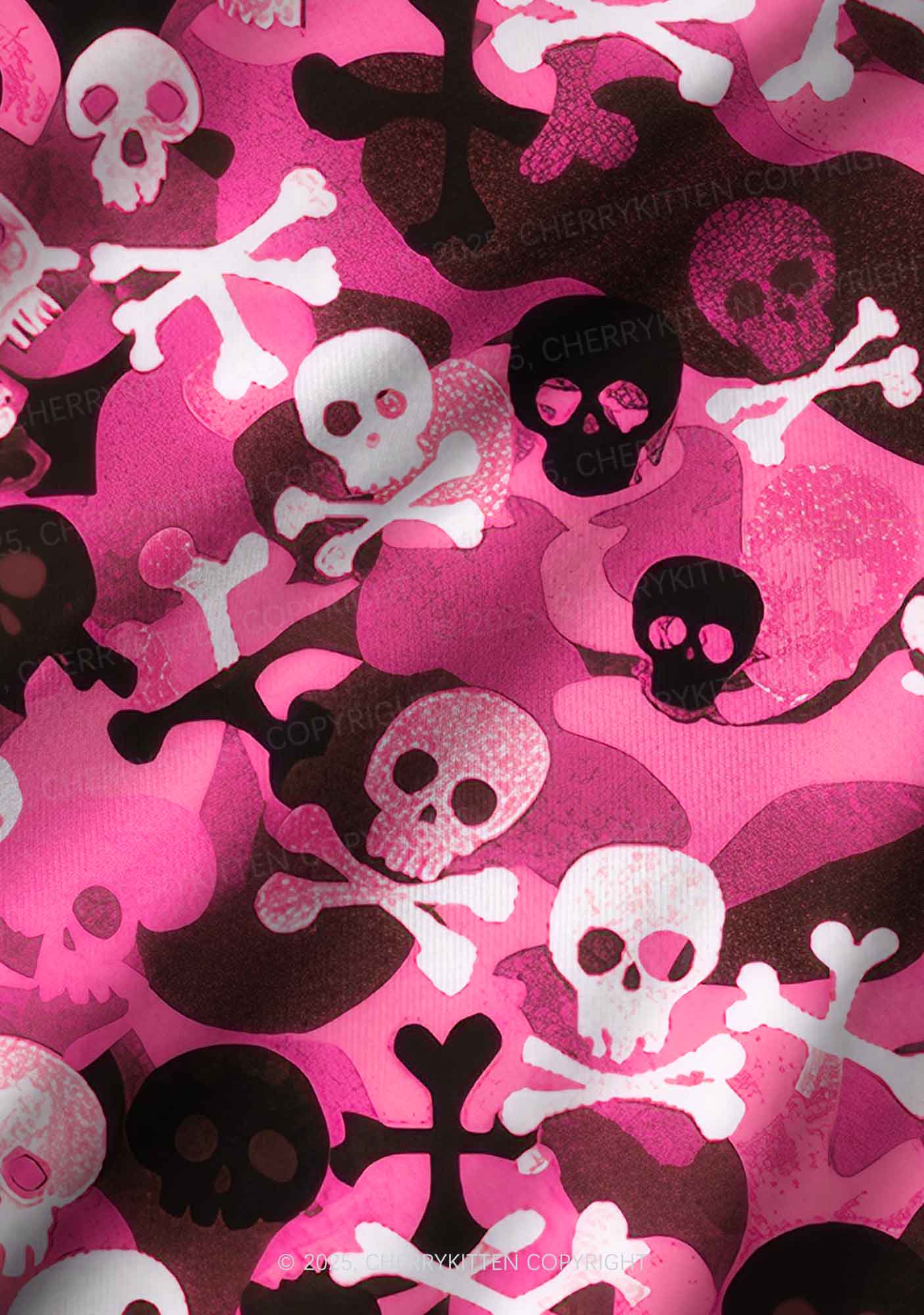 Halloween Pink Camouflage Skull Y2K Print Long Sleeve Pajama Set Cherrykitten - Image 6