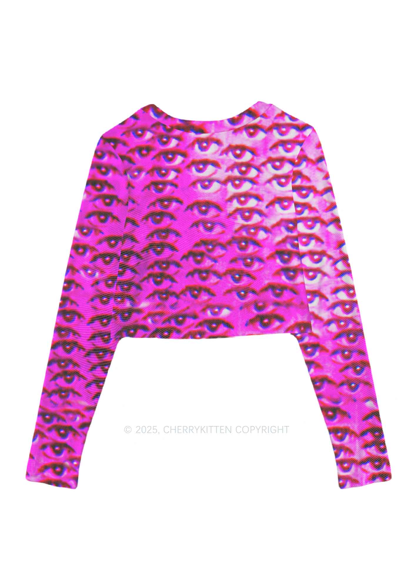 Halloween Pink Eyes Y2K Mesh Long Sleeve Crop Top Cherrykitten - Image 3