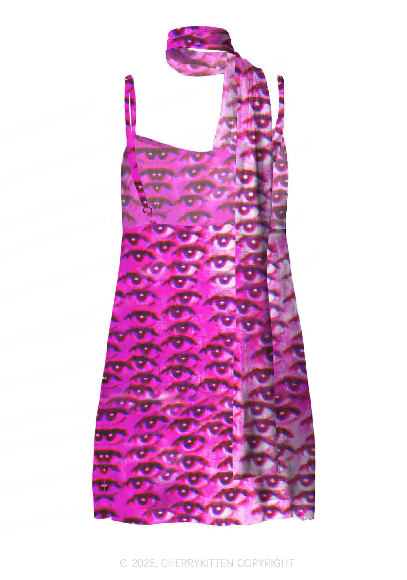 Halloween Pink Eyes Y2K Mesh Slip Dress With Scarf Set Cherrykitten - Image 5