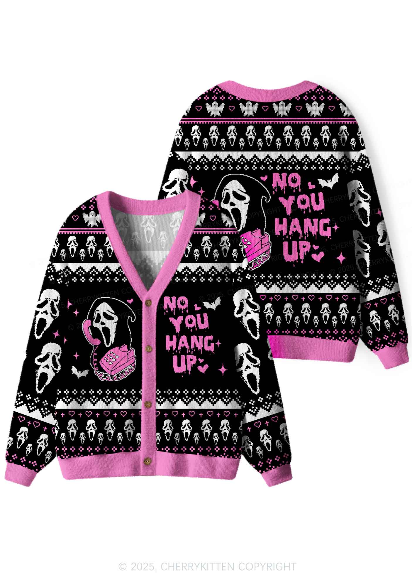 Halloween Pink No You Hang Up Y2K Christmas Cardigan Knit Sweatshirt Cherrykitten - Image 3