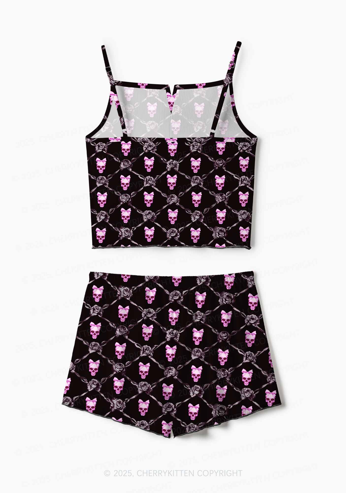 Halloween Pink Skull Y2K Print Cami Shorts Pajama Set Cherrykitten - Image 3