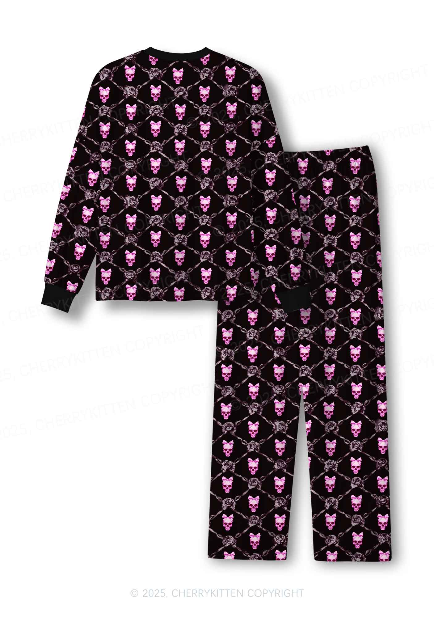 Halloween Pink Skull Y2K Print Long Sleeve Pajama Set Cherrykitten - Image 3