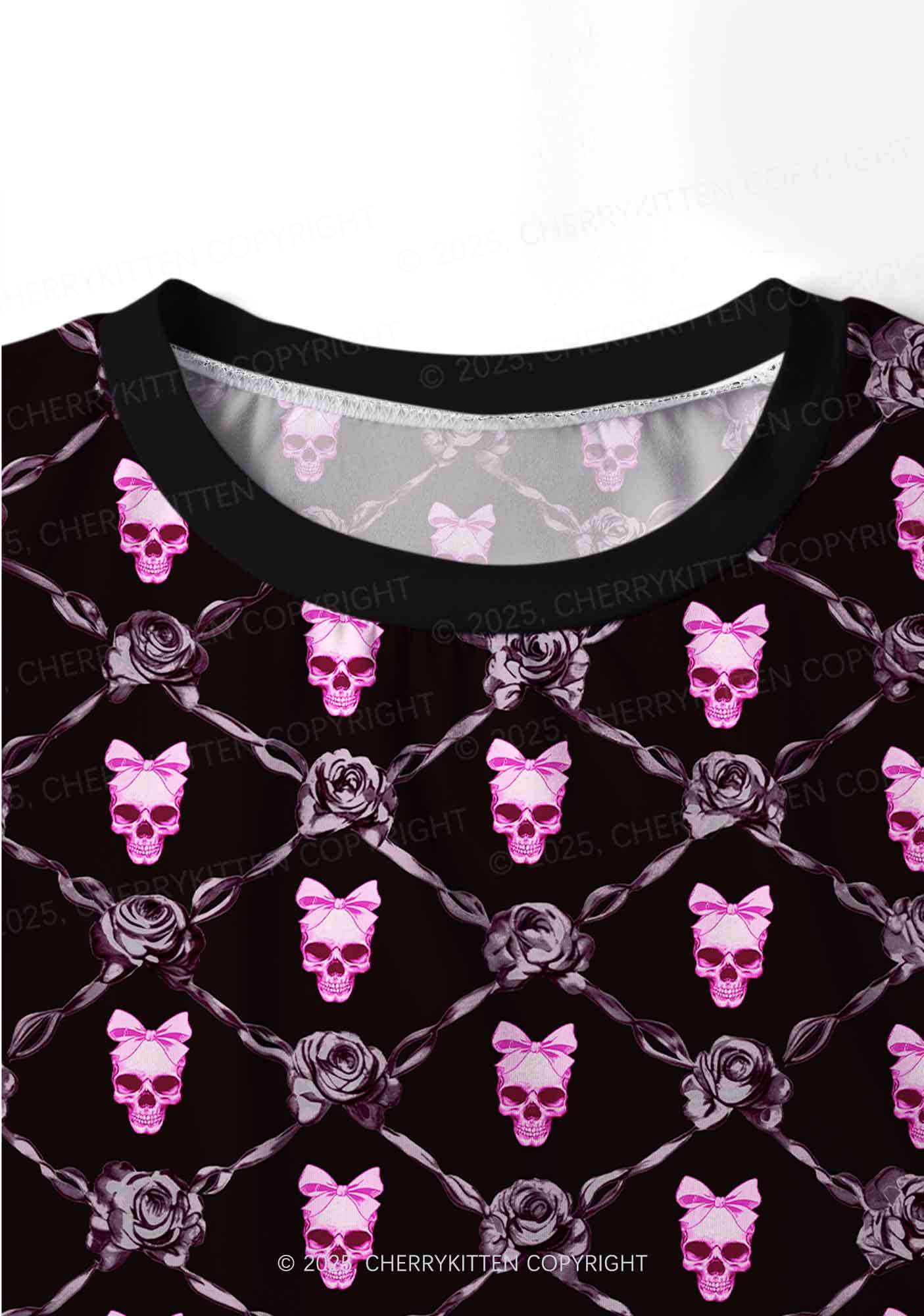 Halloween Pink Skull Y2K Print Long Sleeve Pajama Set Cherrykitten - Image 4