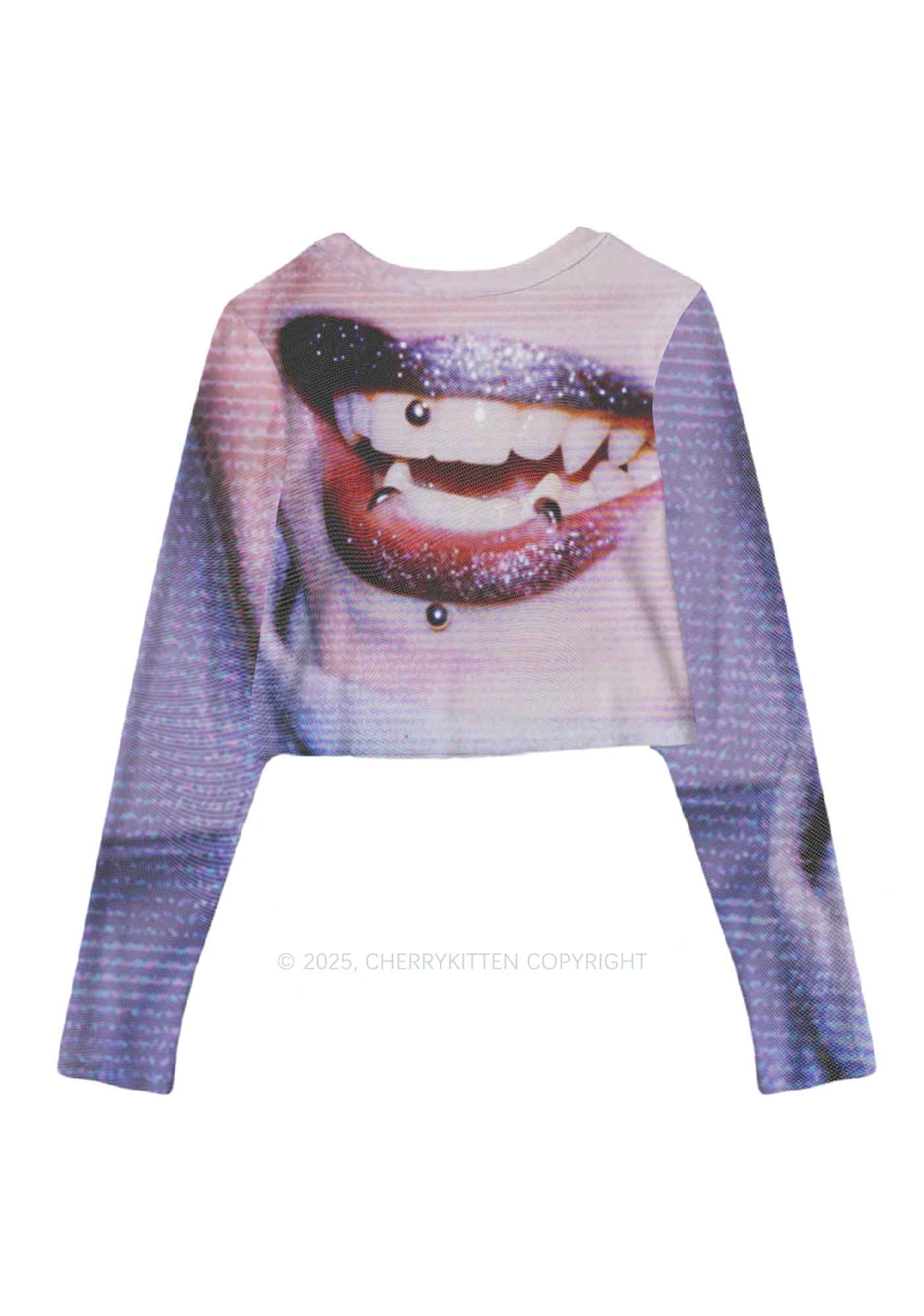 Halloween Punk Lips Y2K Mesh Long Sleeve Crop Top Cherrykitten - Image 3