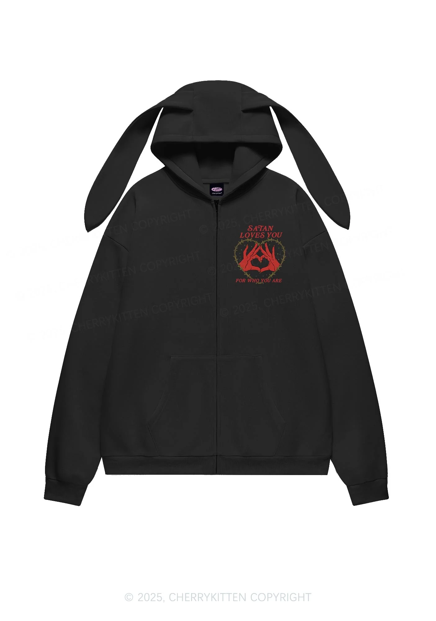 Halloween Satan Loves You Heart Y2K Bunny Ear Zip Hoodie Cherrykitten - Image 4